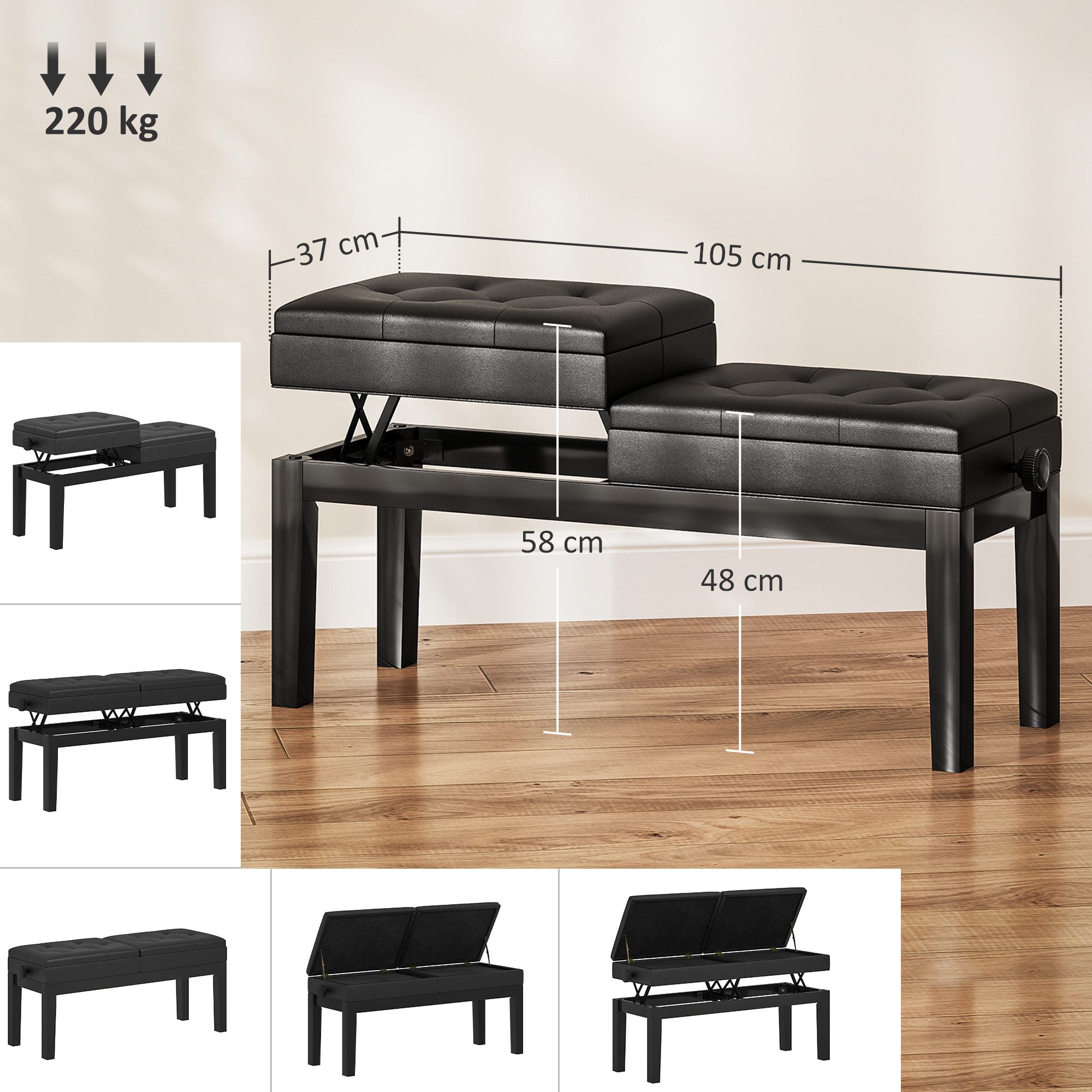 HOMCOM Klavierbank höhenverstellbar mit Stauraum bis 220 KG Belastbar (Pianobank, 1-St., Klavierhocker), Kunstleder, Schwarz, 105 x 37 x 48-58 cm