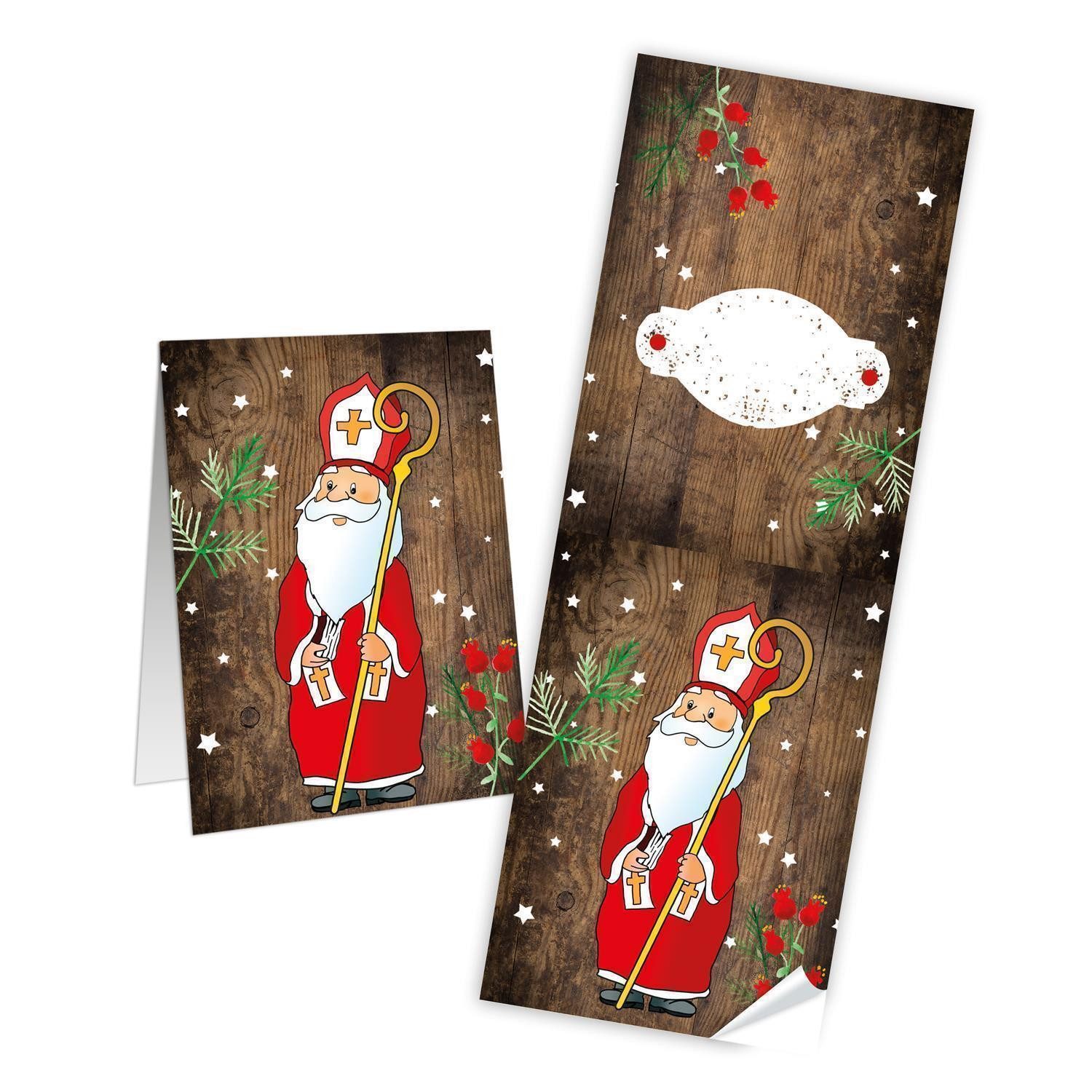 Logbuch-Verlag Aufkleber 10 lange Weihnachtsaufkleber HEILIGER NIKOLAUS rot weiß braun