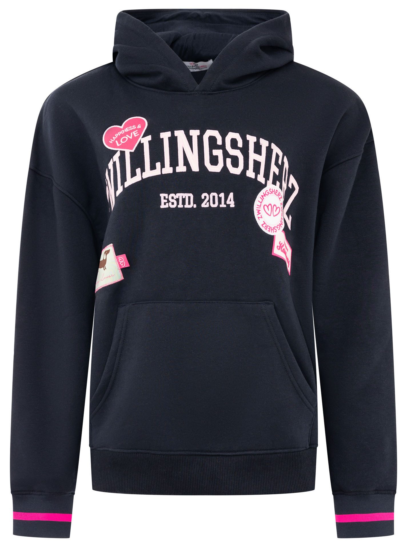Zwillingsherz Hoodie "Zwillingsherz Patches" Oversize-Fit, Kapuze, großer Schriftzug und Patches, Kängurutasche
