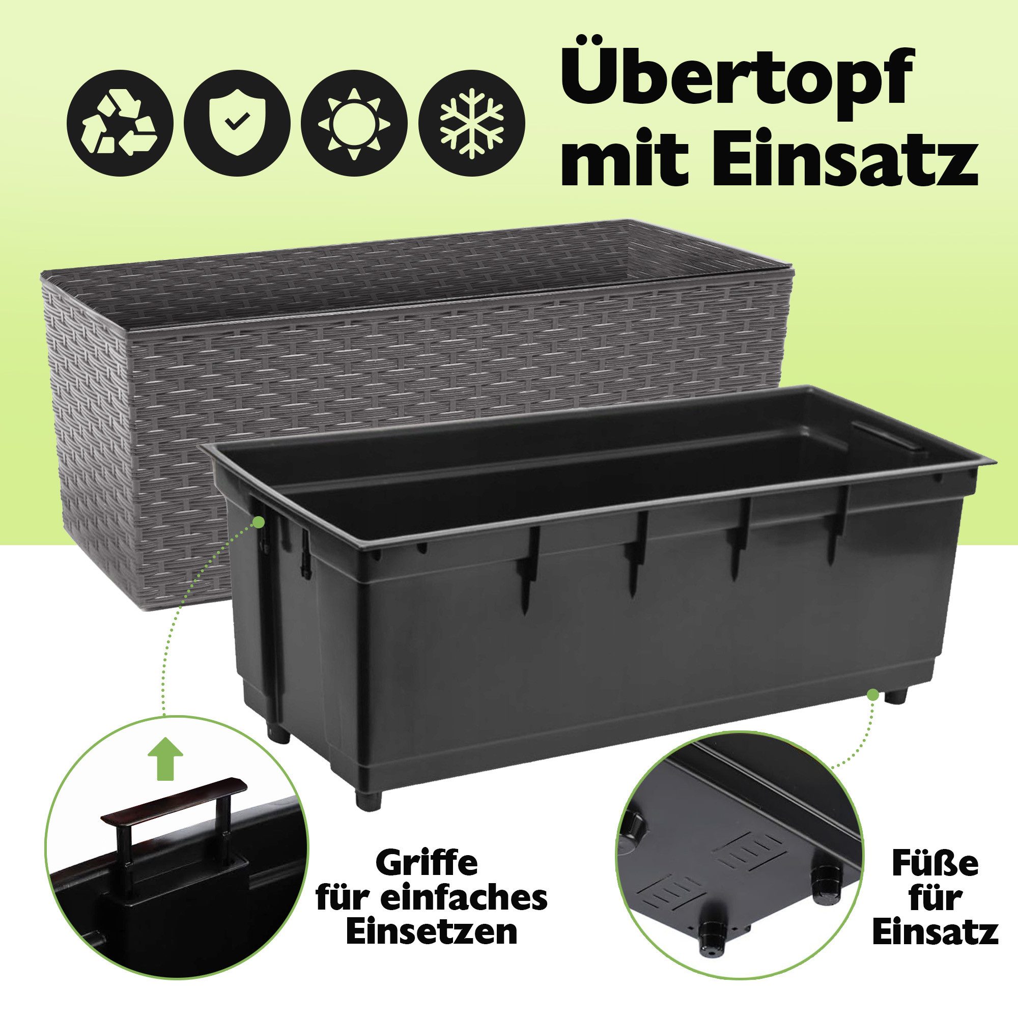 KONZEPT Balkonkasten Hochwertige Blumenkasten Rattan-Optikin, rechteckig 56 x 19 cm, Balkonkasten ideal fur Balkon, Terrasse, Fensterbank