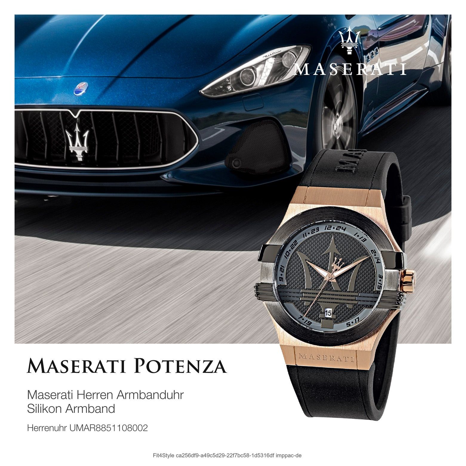 Maserati Silikonarmband, groß 52x40mm) Herrenuhr rund, Analog Quarzuhr Herren MASERATI Uhr POTENZA, Italy Made-In (ca.
