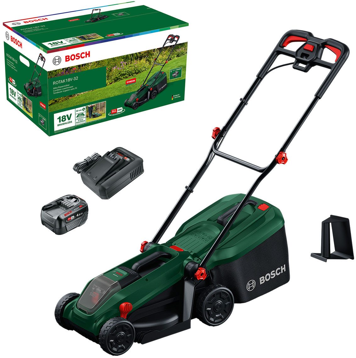 Bosch Home & Garden Akkurasenmäher ROTAK18V-32, 32 cm Schnittbreite, (inkl. Akku und Ladegerät), 3-in-1-Mäher für kleine bis mittelgroße Rasenflächen