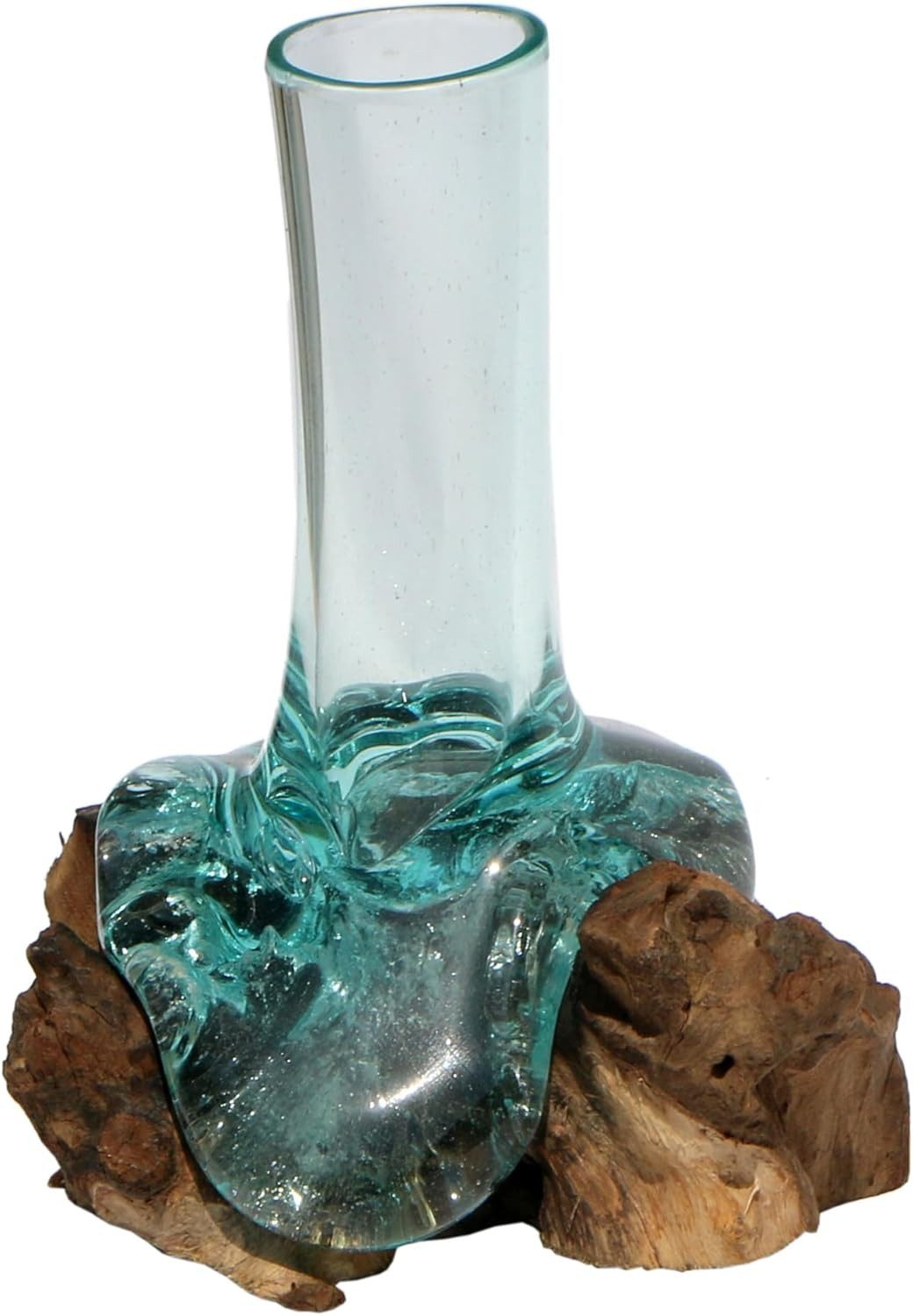 Wogeka Dekovase Glas-Vase 20cm auf Wurzelholz Kanne Teakholz Gamal Bali günstig online kaufen