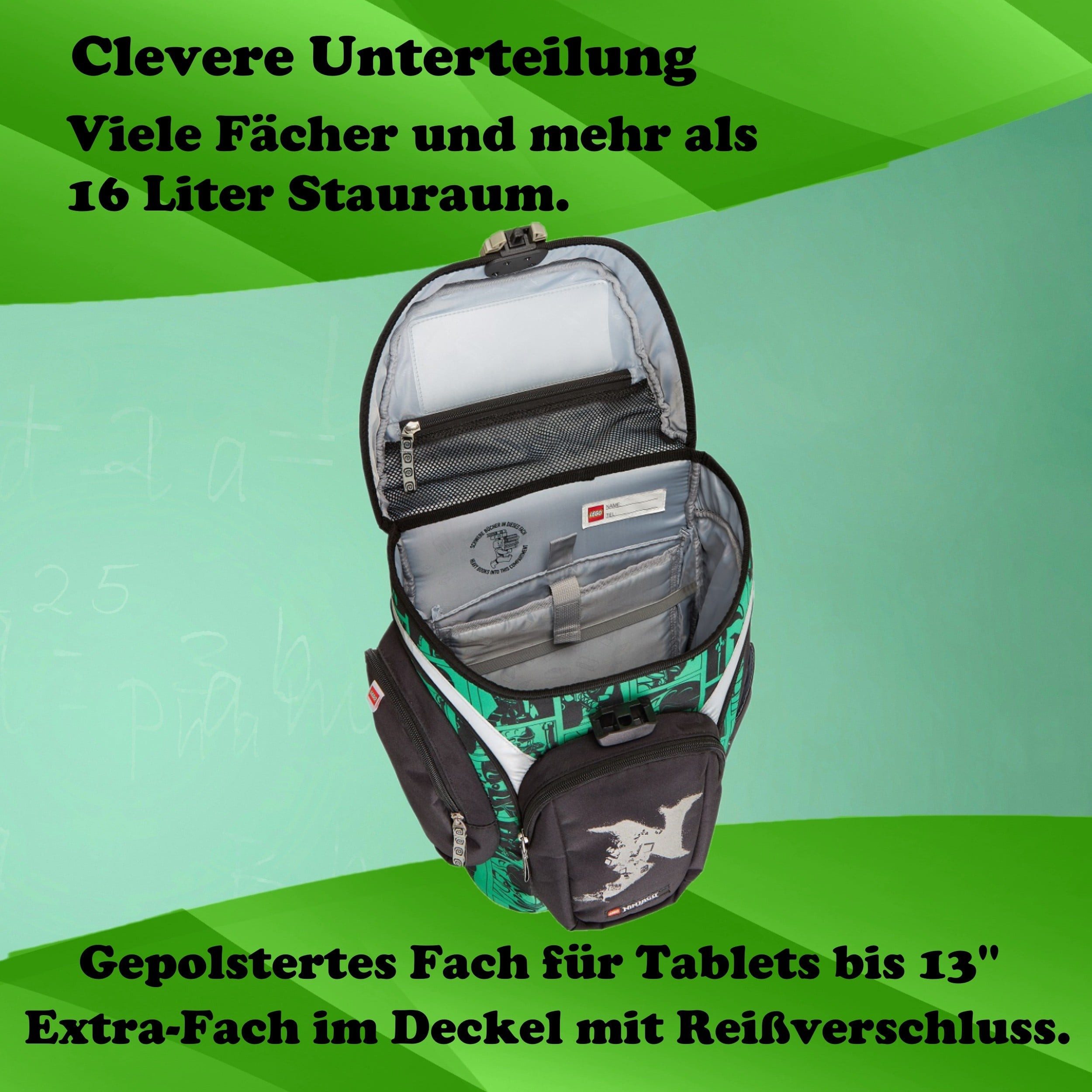 LEGO® Bags Schulranzen Lego Ninjago Schultasche "Explorer" mit gefüllter Federmappe (Set, 6-tlg., mit Schlamper, Turn- & Geldbeutel), ab der 1. Klasse, Ergonomisch, 16L Volumen, wasserabweisend