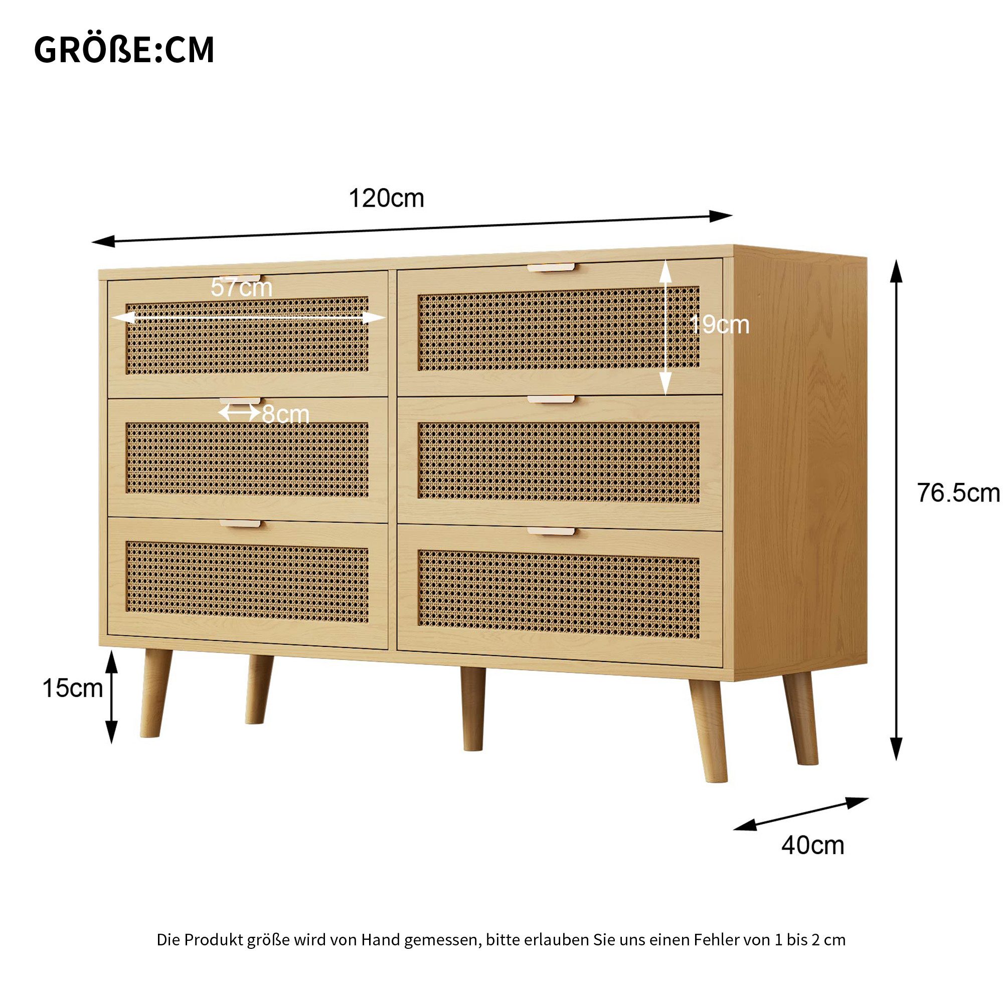 Flieks Kommode mit 6 Schubladen Rattan (B120/H76,5/T40 cm, 1 St), Sideboard Schubkastenkommode Aufbewahrungsschrank, Massivholzbeine – Bild 4 von 5