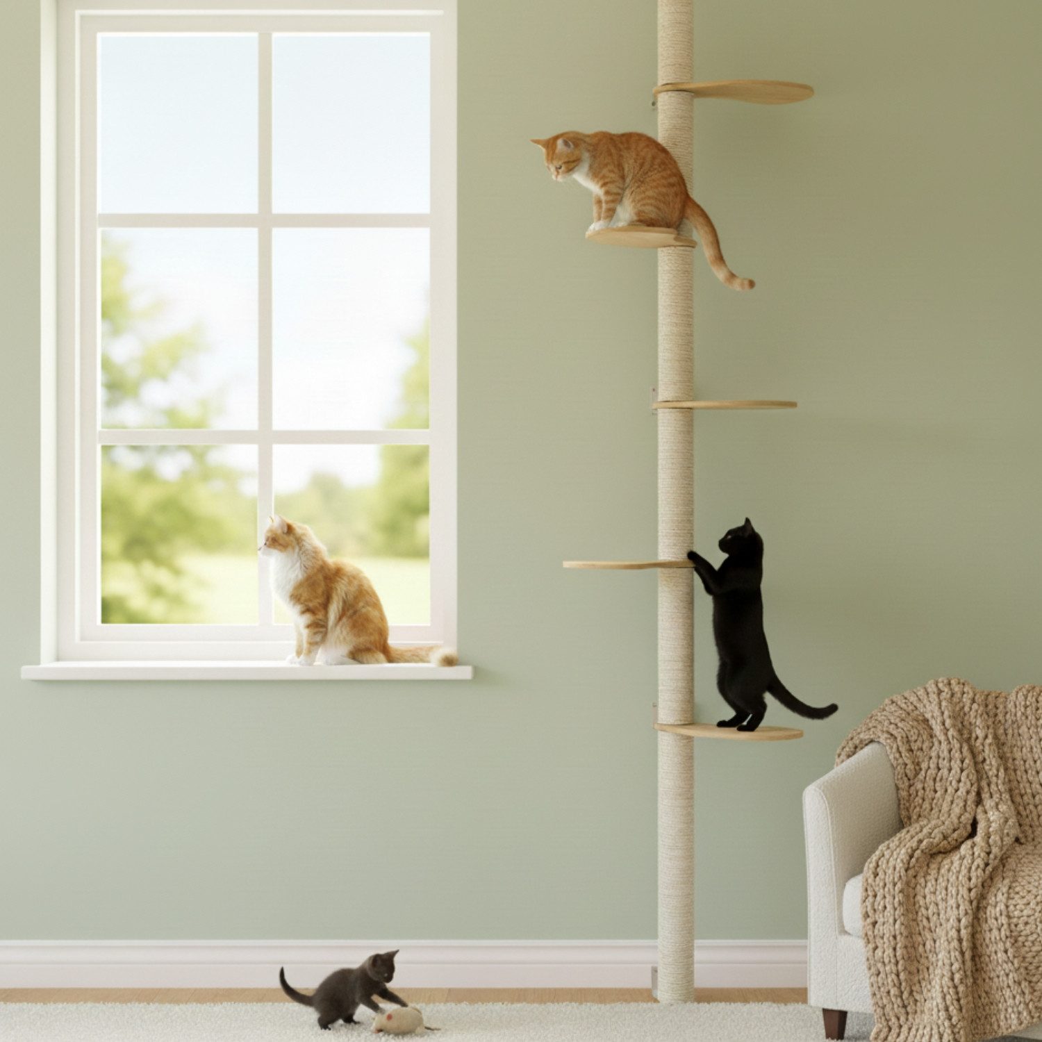 eyepower Kratzbaum zur Wandmontage 240 cm Wandkratzbaum für Katzen mit 5 Bambus Plateaus, Sistammstamm Wand - Katzenkratzbaum platzsparend - Kletterwand Katze