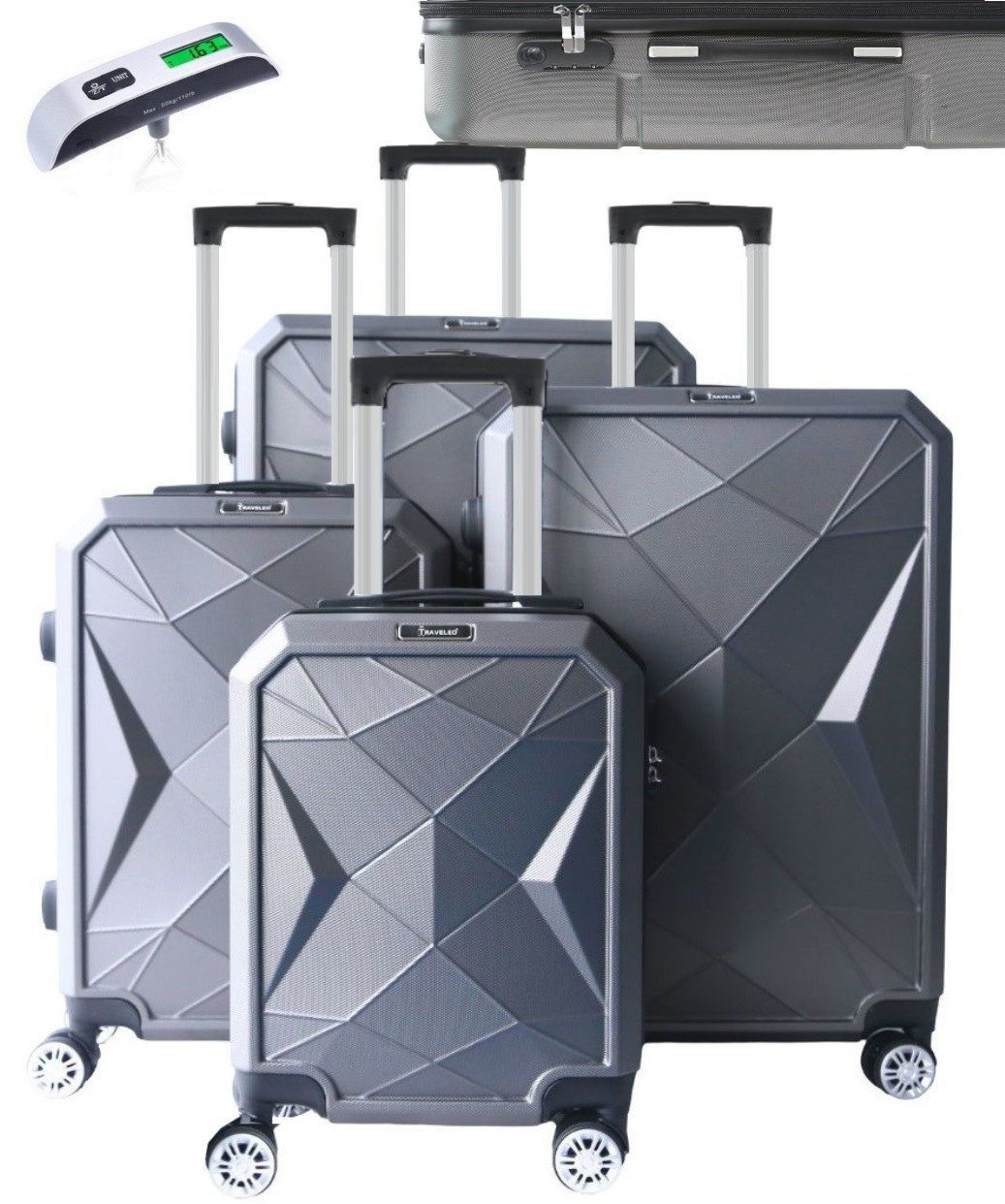 KESSMANN Kofferset 4 teilig Hartschalenkofferset S M L XL Koffer + Digitale Kofferwaage, 4 Rollen, (Reisekofferset, 5 tlg., Schloss Teleskopgriff Gepäck Urlaub Zubehör Reise Hartschale Trolley), Reisetasche Kofferset groß mittel klein Handgepäck Gepäck Rollkoffer