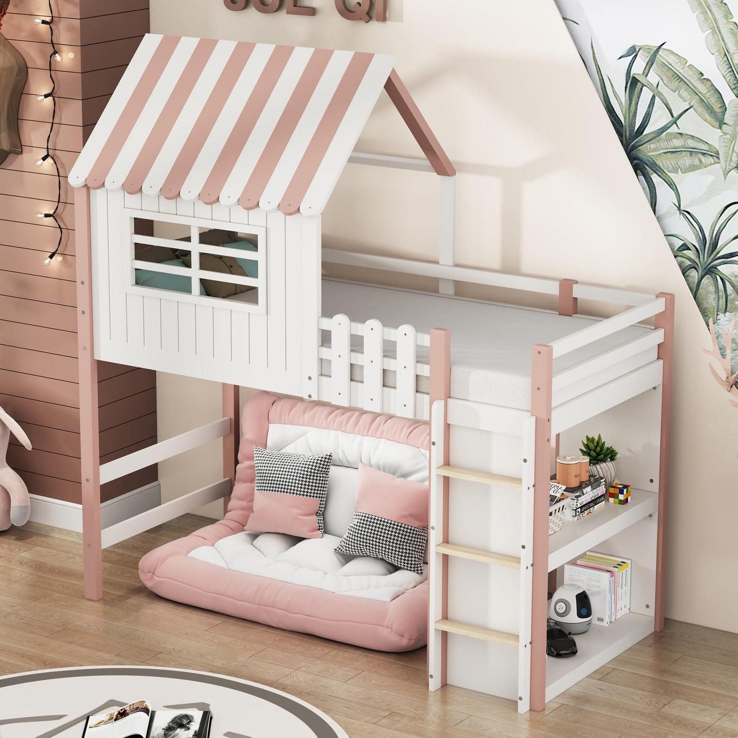 LuxusKollektion Hochbett Etagenbett Hausbett Rosa 90x200cm (1-St)