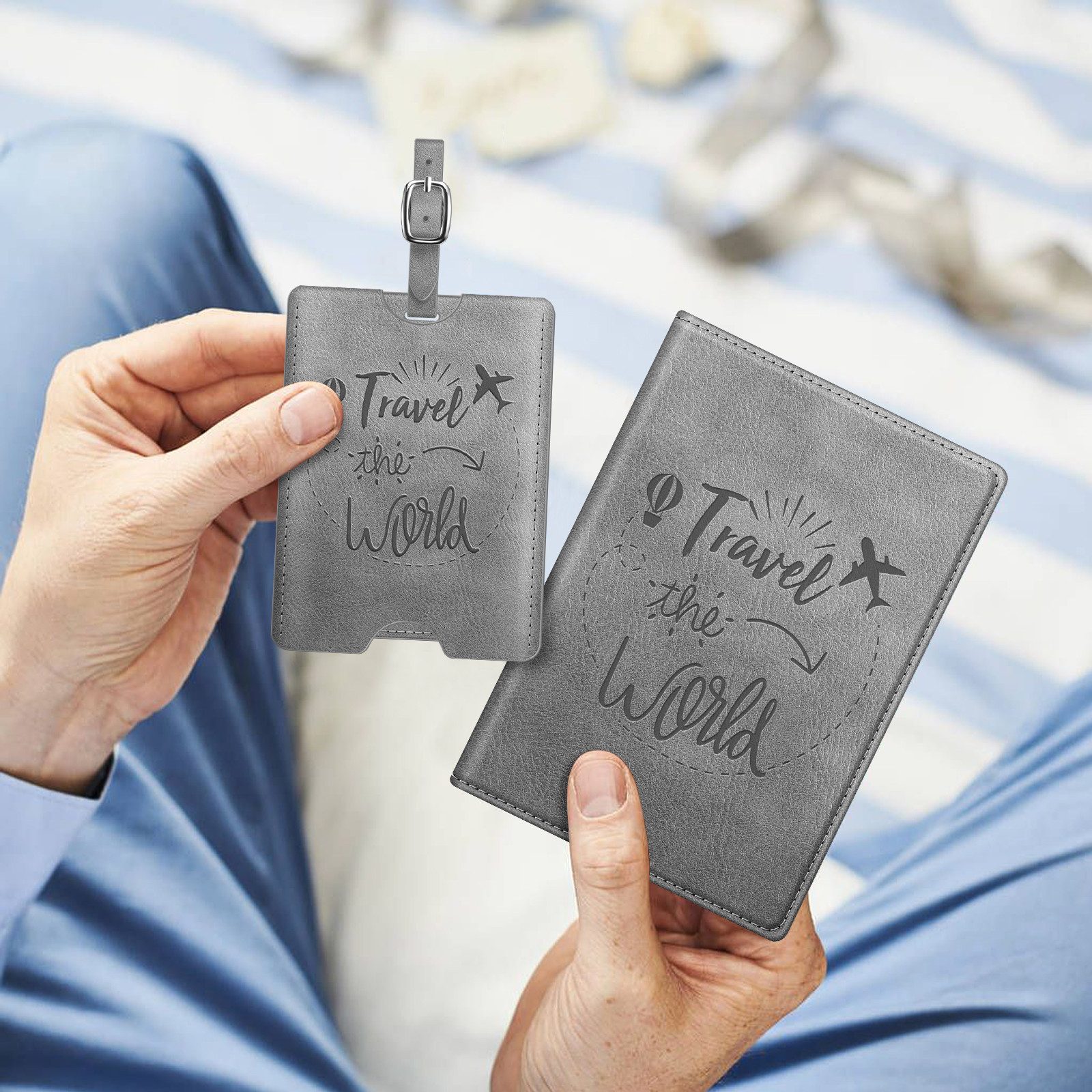 Fintie Mini Geldbörse Reisepasshülle und Gepäckanhänger Set, Reisepass Impfpass Hülle, mit RFID Blockier, Kofferanhänger mit Adressschild für Koffer