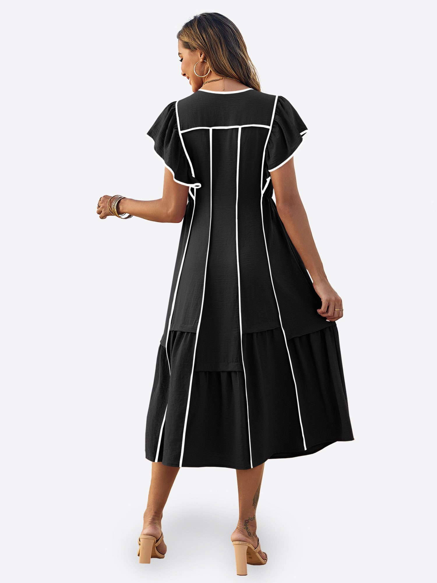 Imily Bela Maxikleid Damen Langkleid mit Rüschen im fließenden Stil (Packung, 1-tlg., 1per-Pack) kontrastfarben