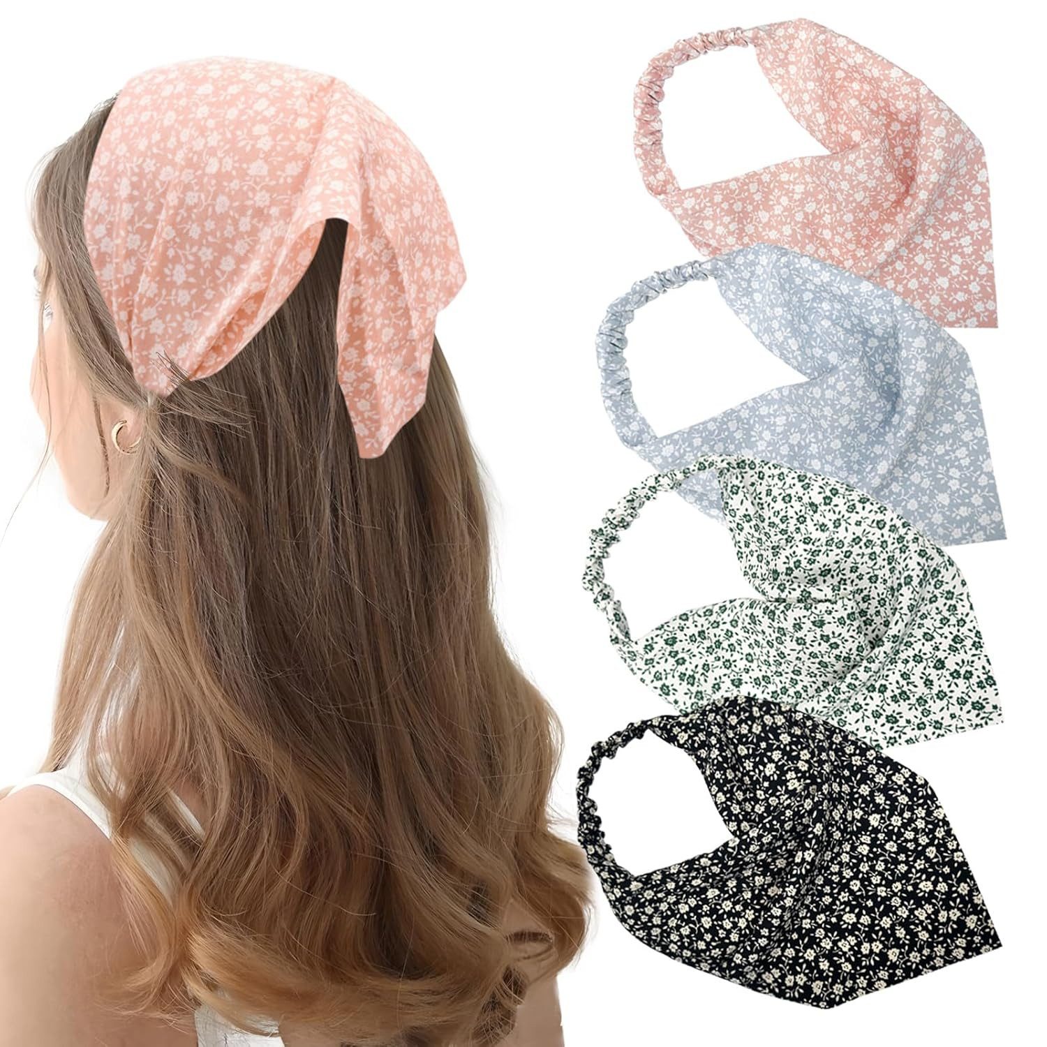 Zaewry Stirnband 5 Stück Boho Damen Blumen Stirnbänder Dreieck Kopftüchern (Chiffon Bandanas Süßes Turban Haarbänder, 5-St) Elastische Haarschal Kopfzubehör für Frauen und Mädchen