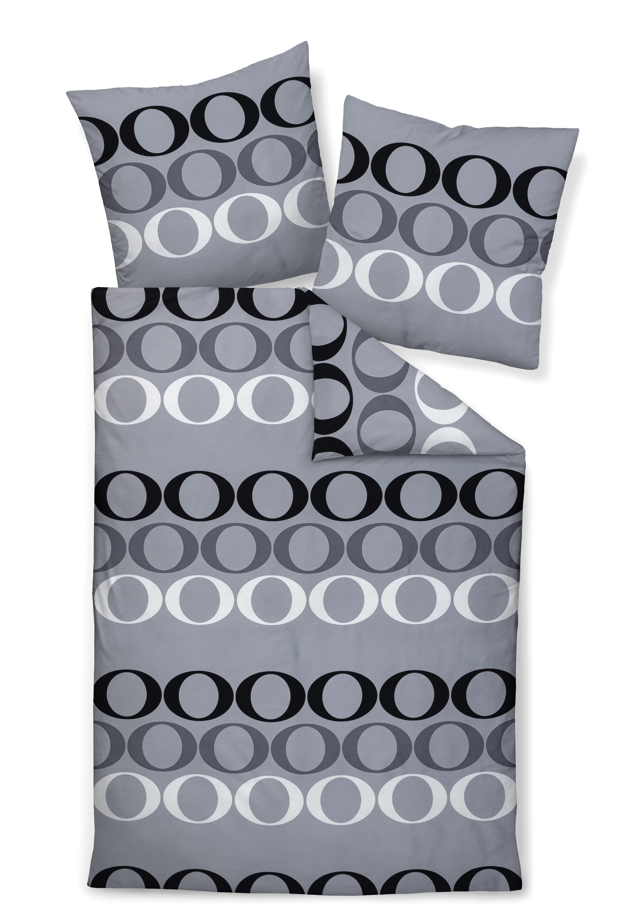 Janine Bettwäsche Palermo, Mako-Satin, 2 teilig, Kreise in schwarz, weiß, grau auf grauem Hintergrund