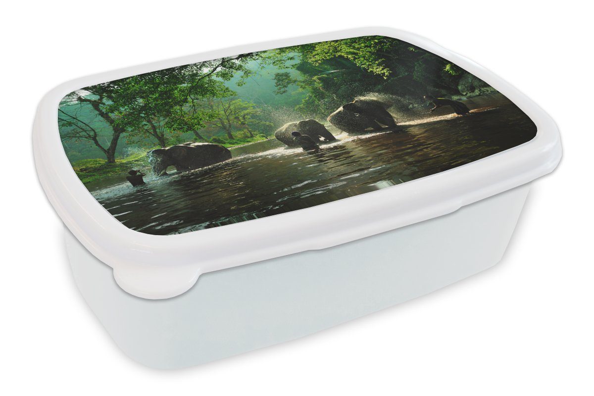 MuchoWow Lunchbox Elefant - Wasser - Bäume - Grün - Tiere, Kunststoff, (2-tlg), Brotbox für Kinder und Erwachsene, Brotdose, für Jungs und Mädchen weiß