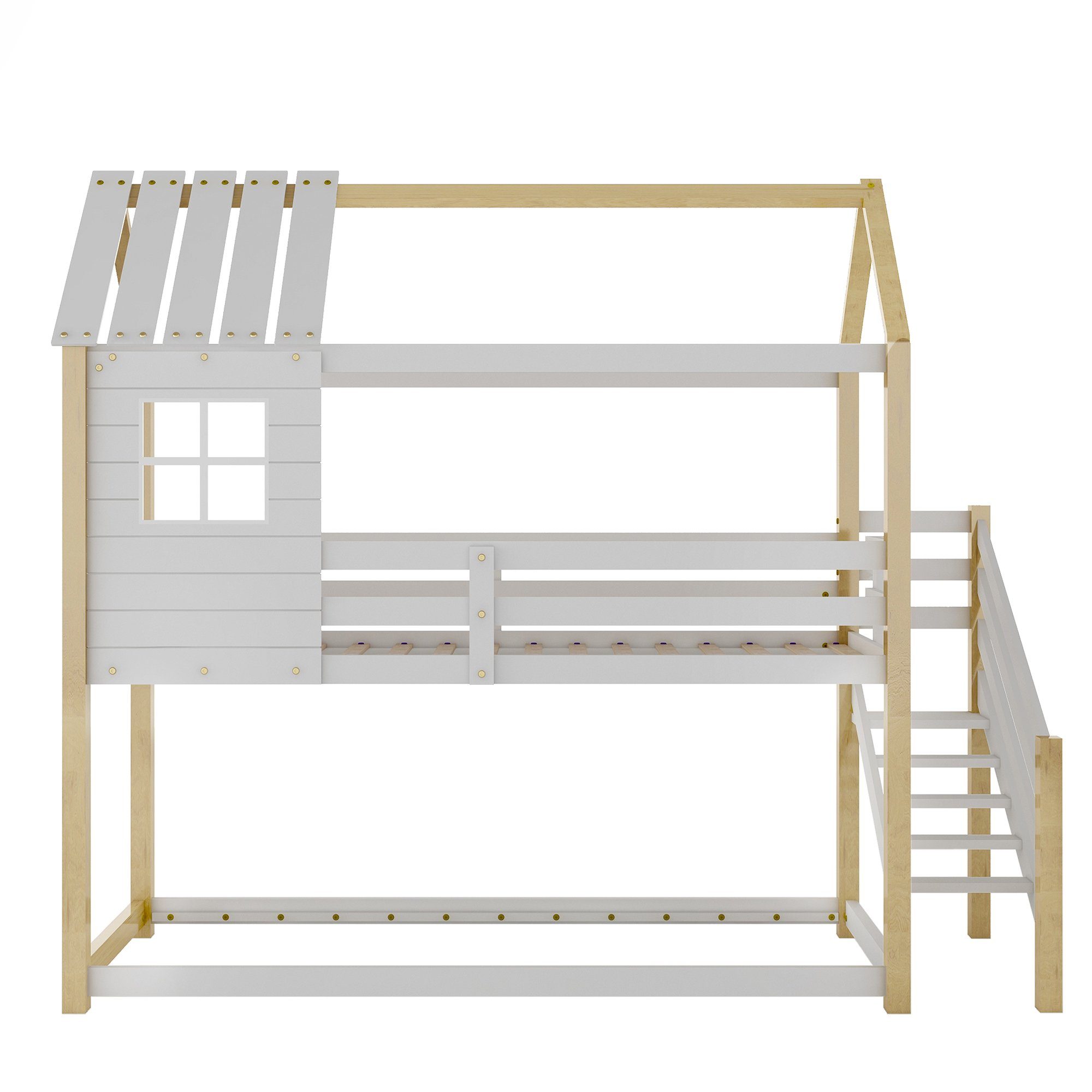 Fangqi Hausbett 90x200 aus Rahmen mit großes Fenster, Natur Fallschutz Kiefernholz) Ecktreppe, (Jugend-Etagenbett und Geländer mit Kinder-Etagenbett