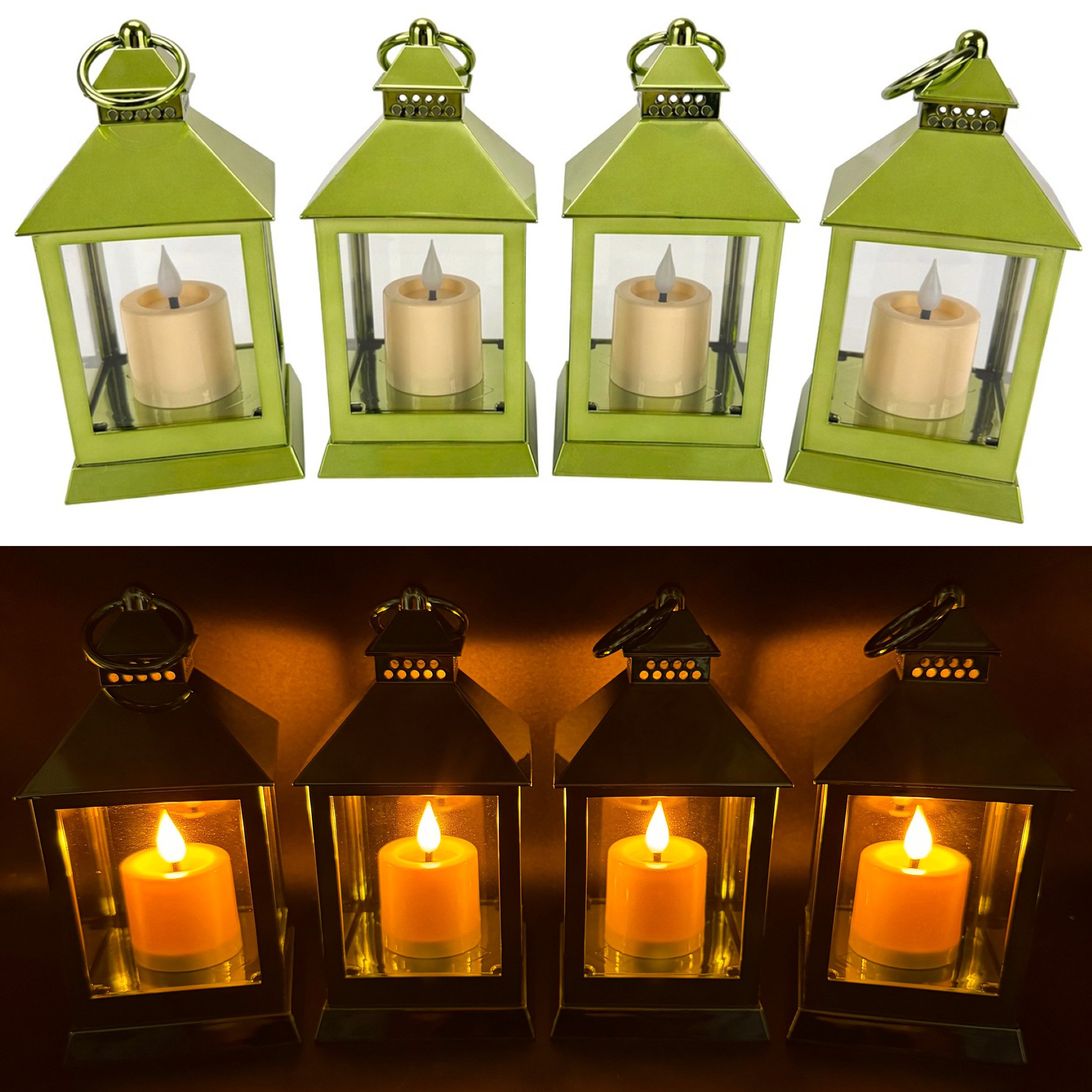 Online-Fuchs LED Laterne - 4er Set Deko Laternen mit LED-Kerzen und 6-Stunden Timerfunktion, mit realistischer Kerzenflamme, warmweiße Beleuchtung, glänzender Shiny-Look - aus Kunststoff gefertigt
