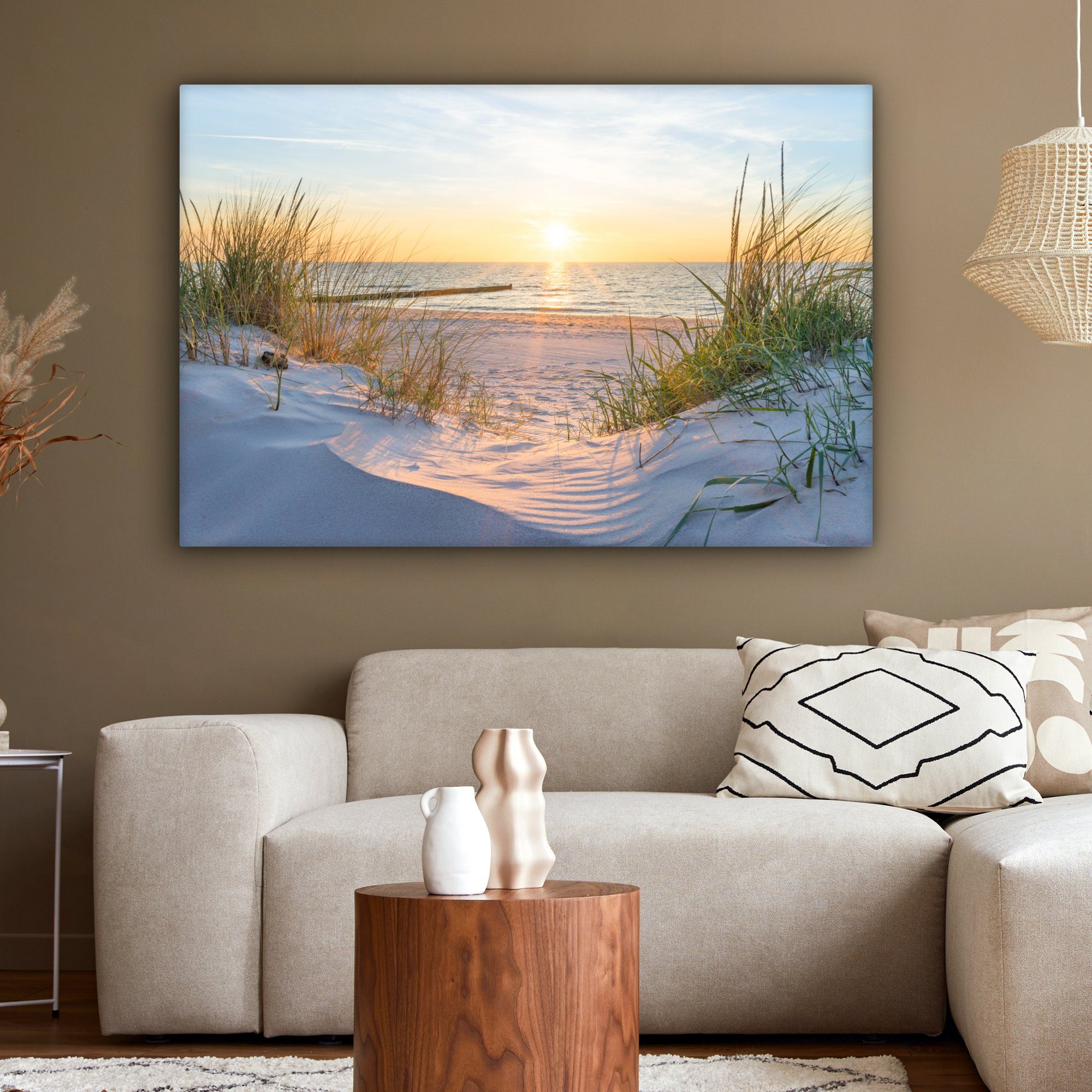 Strand OneMillionCanvasses® (1 XXL, Gemälde, - Wandbild großes, - Horizont, - Sand Düne - Sonne St), Leinwandbild Wohnbereiche, alle für Gras cm 120x80 -