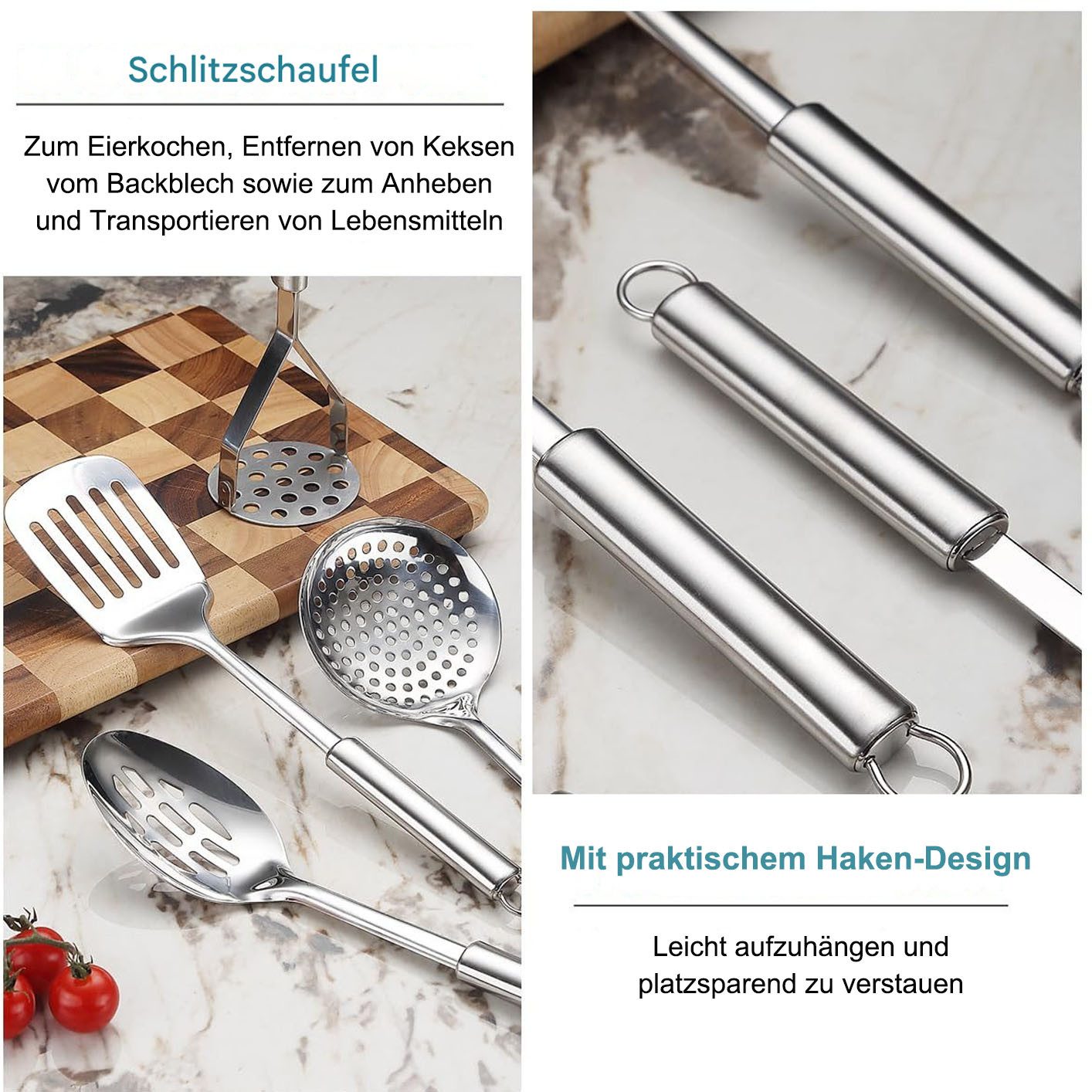 SURFOU Kochbesteck-Set Küchenhelfer Küchenutensilien 12 Stück Edelstahl Silikon Küchenset (Spiegelpolitur, Rostfrei & Spülmaschinenfest, 12-tlg., mit Aufhängeös – Bild 3 von 5