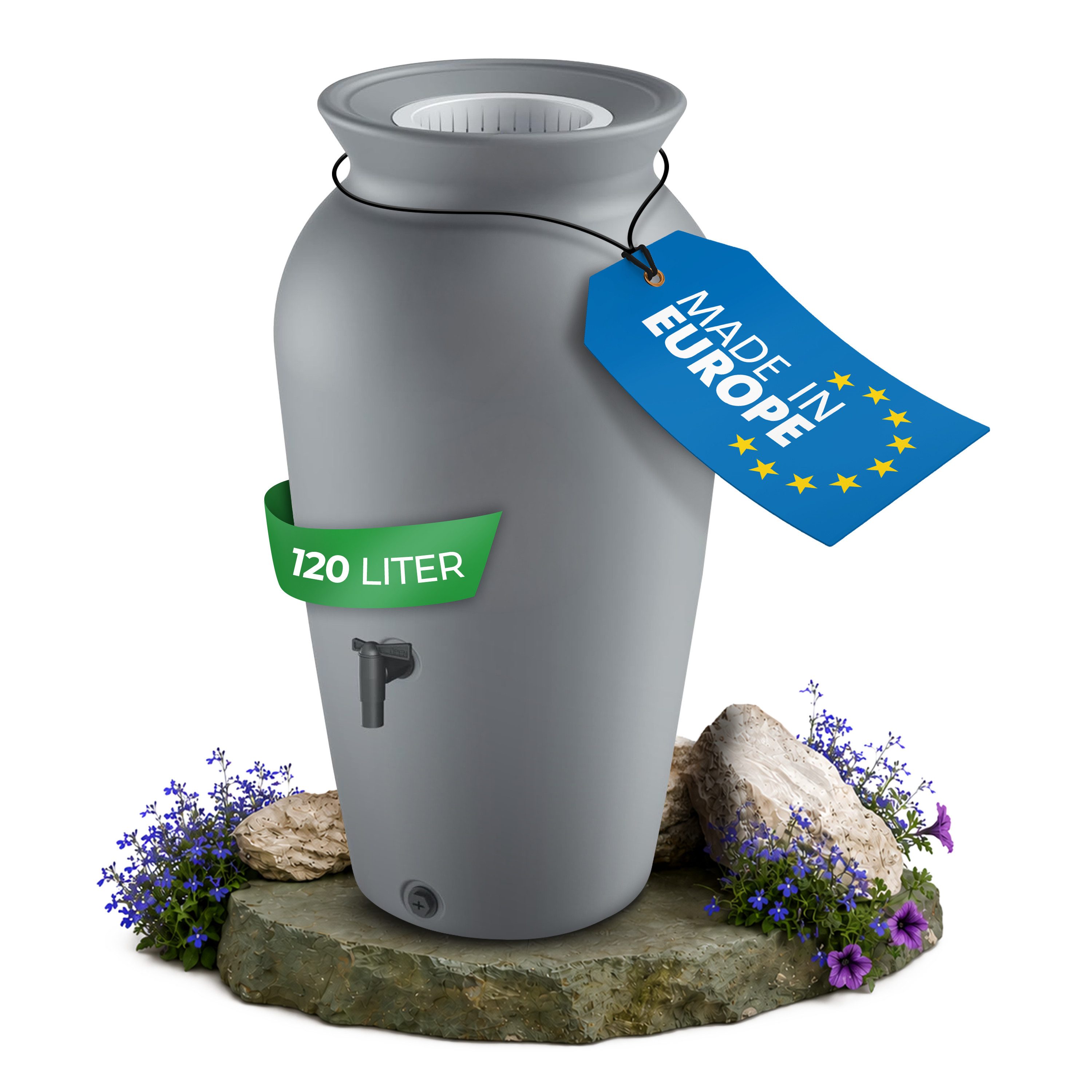 YourCasa Regentonne 120-230 Liter [DropCatcher] mit Filterkorb, 120 l, Frostsicher, Filterkorb, Wasserhahn