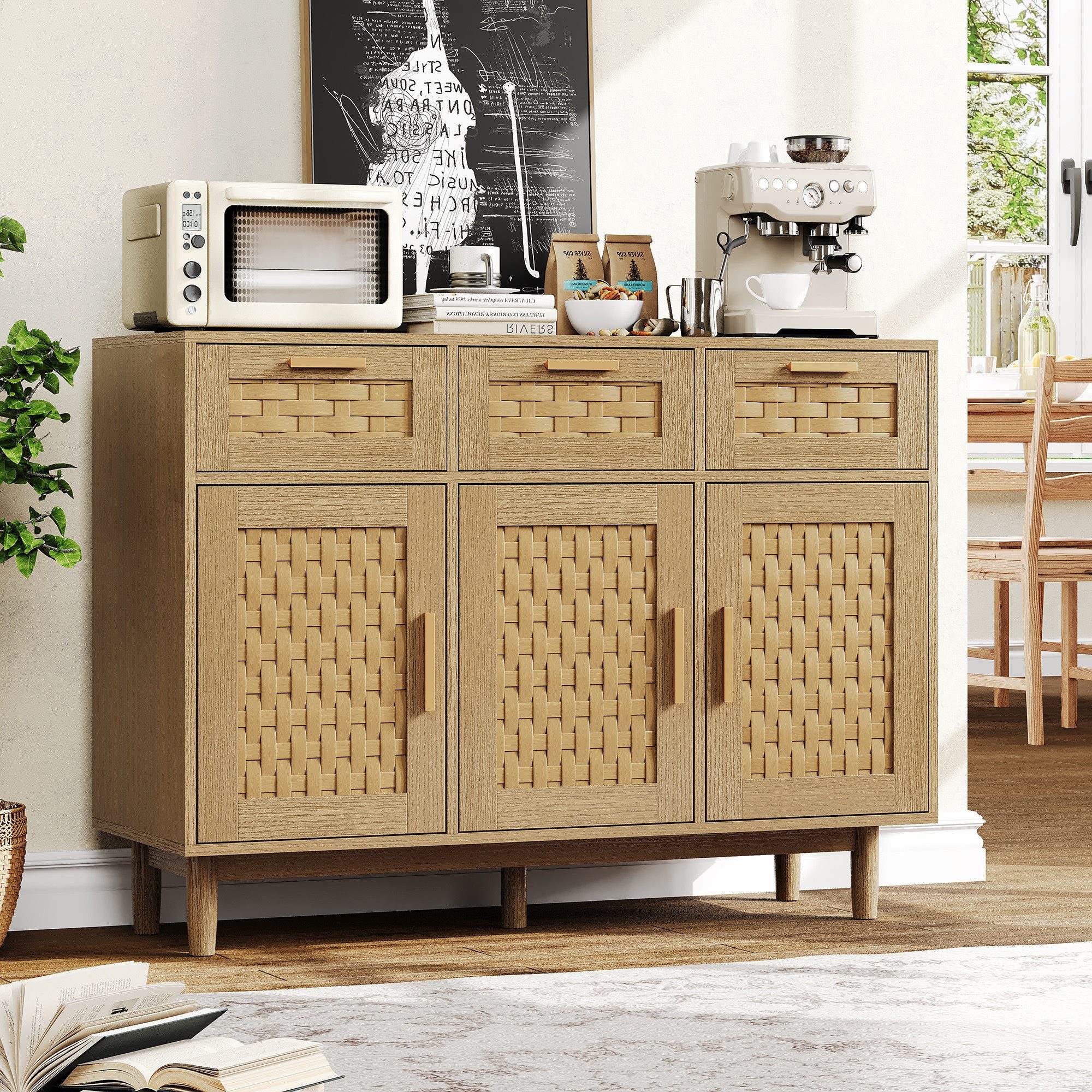zebery Kommode Sideboard Buffetschrank aus Rattan, Holzbeine (Set, 1 St., Anrichte Küchenschrank mit 3 Schubladen und 3 Türen, Metallgriff), für Schlafzimmer, Wohnzimmer, Flur, 108x40x80cm, Schwarz