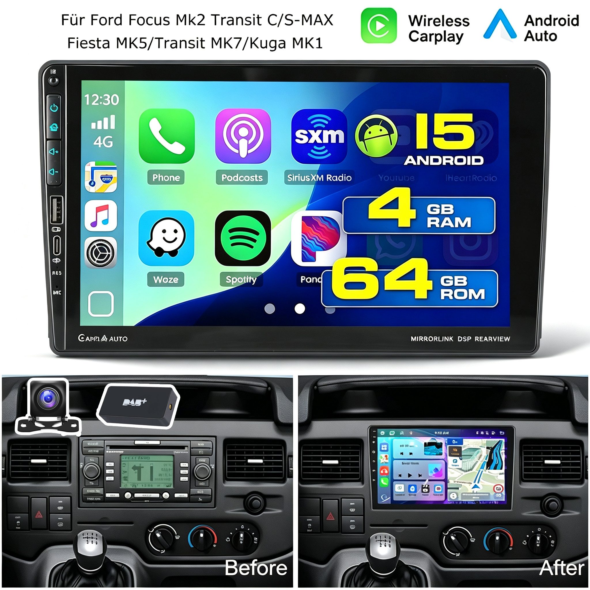 ESSGOO DAB+ Android 15 Autoradio Für Ford S-Max/Fiesta/Focus Carplay Mit USB Navigationsgerät (Carplay Android Auto Bluetooth EQ USB GPS Navi WIFI Touchscreen)