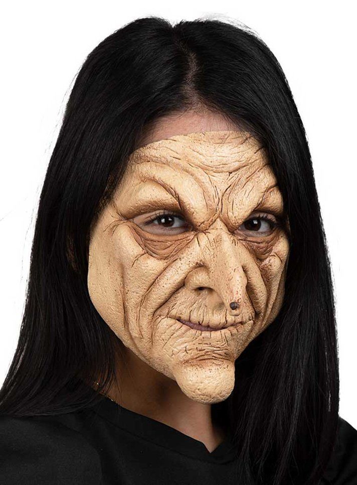 Metamorph Verkleidungsmaske Hexe Halbmaske - Horror Halloween Maske Damen, Stereotype Hexenmaske mit tiefen Falten im Gesicht
