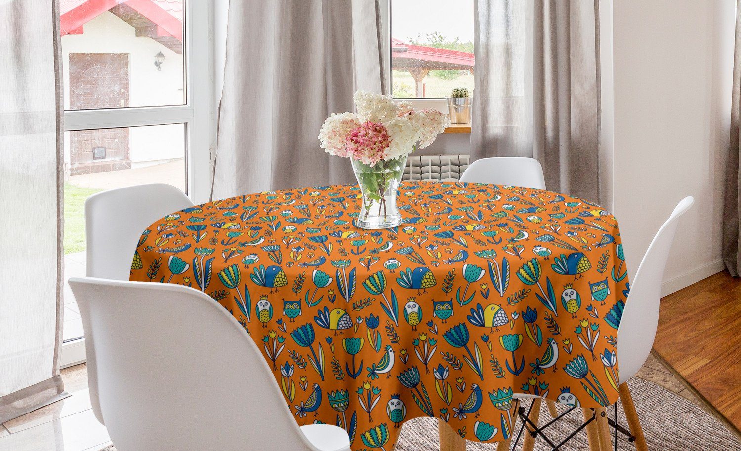 Tischdecke Dekoration, Esszimmer Abdeckung Abstrakte Botanisch Vögel Kreis Tischdecke Küche Tulpen und für Abakuhaus