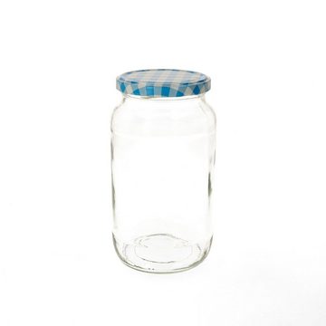 MamboCat Einmachglas 12er Set Rundglas 1062 ml To 82 blau karierter Deckel incl. Rezeptheft, Glas