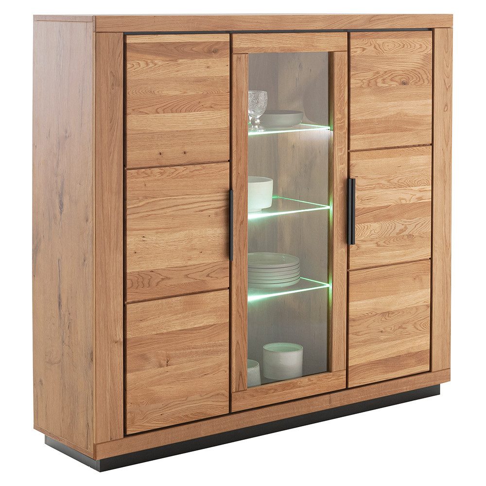 Lomadox Highboard GIUSTINO-06, Eiche teilmassiv geölt, Massivholzfronten, LED-Beleuchtung