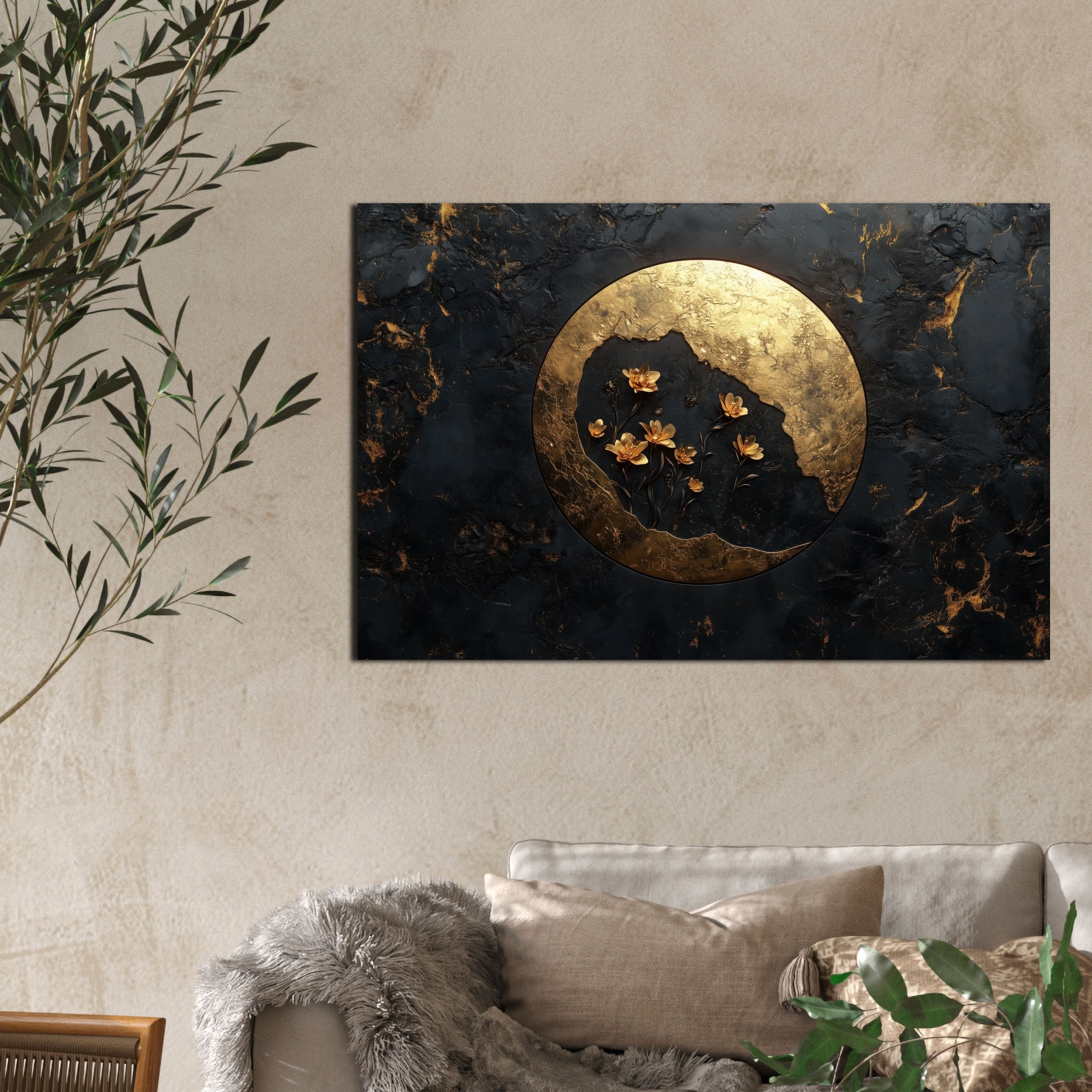DARO Design Leinwandbild Modern Abstrakt Wandbilder XXL Wandbild Wand Deko Leinwand Bilder, (Goldene Erde - Bild groß Wohnzimmer Schlafzimmer Küche Esszimmer Ei – Bild 4 von 5