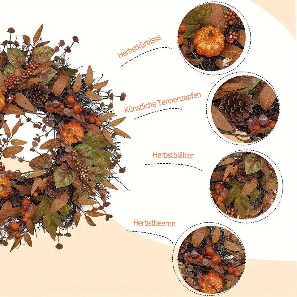 Diwzbyn Dekokranz 45cm Herbst-Beerenkranz, Herbstlicher Türkranz, Dekorativer Türkranz für Halloween, Thanksgiving und Erntedankfest – Bild 5 von 5