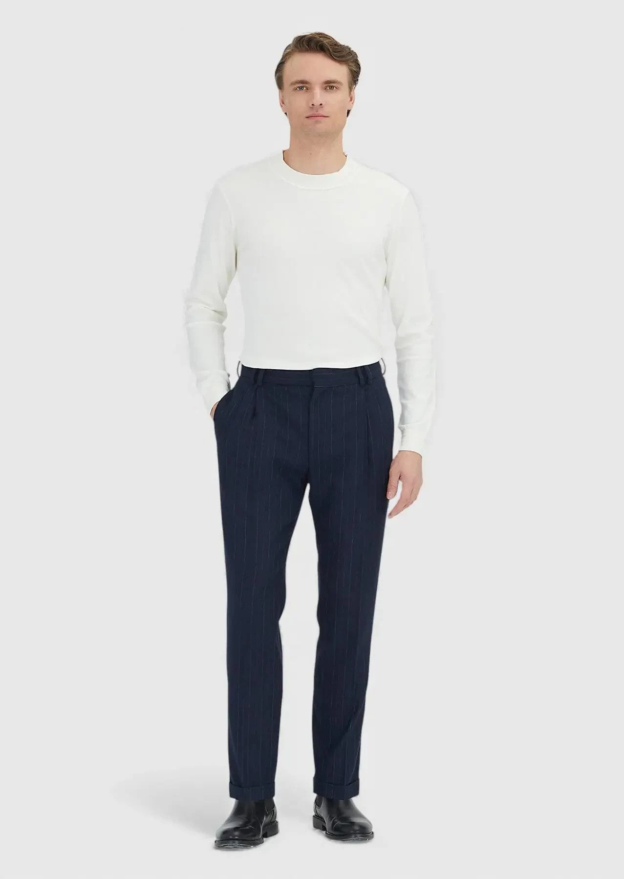 RAMSEY Boyfriend-Jeans Marineblaue, gewebte Freizeithose aus Wollmischgewebe in regulärer Pas