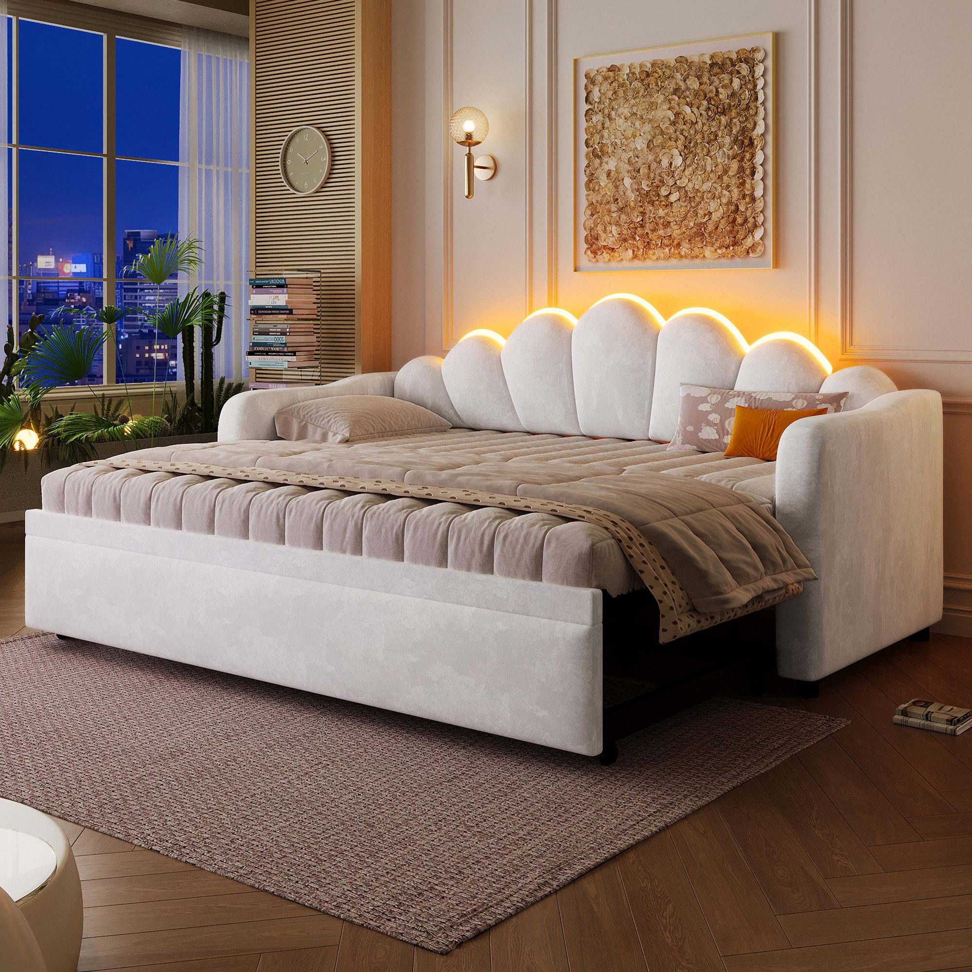 Merax Daybett mit LED-Beleuchtung, Schlafsofa aus Samt (Sofabett Jugendbett, 1 tlg), Tagesbett 90x200cm mit Ausziehbett & blütenförmigem Kopfteil