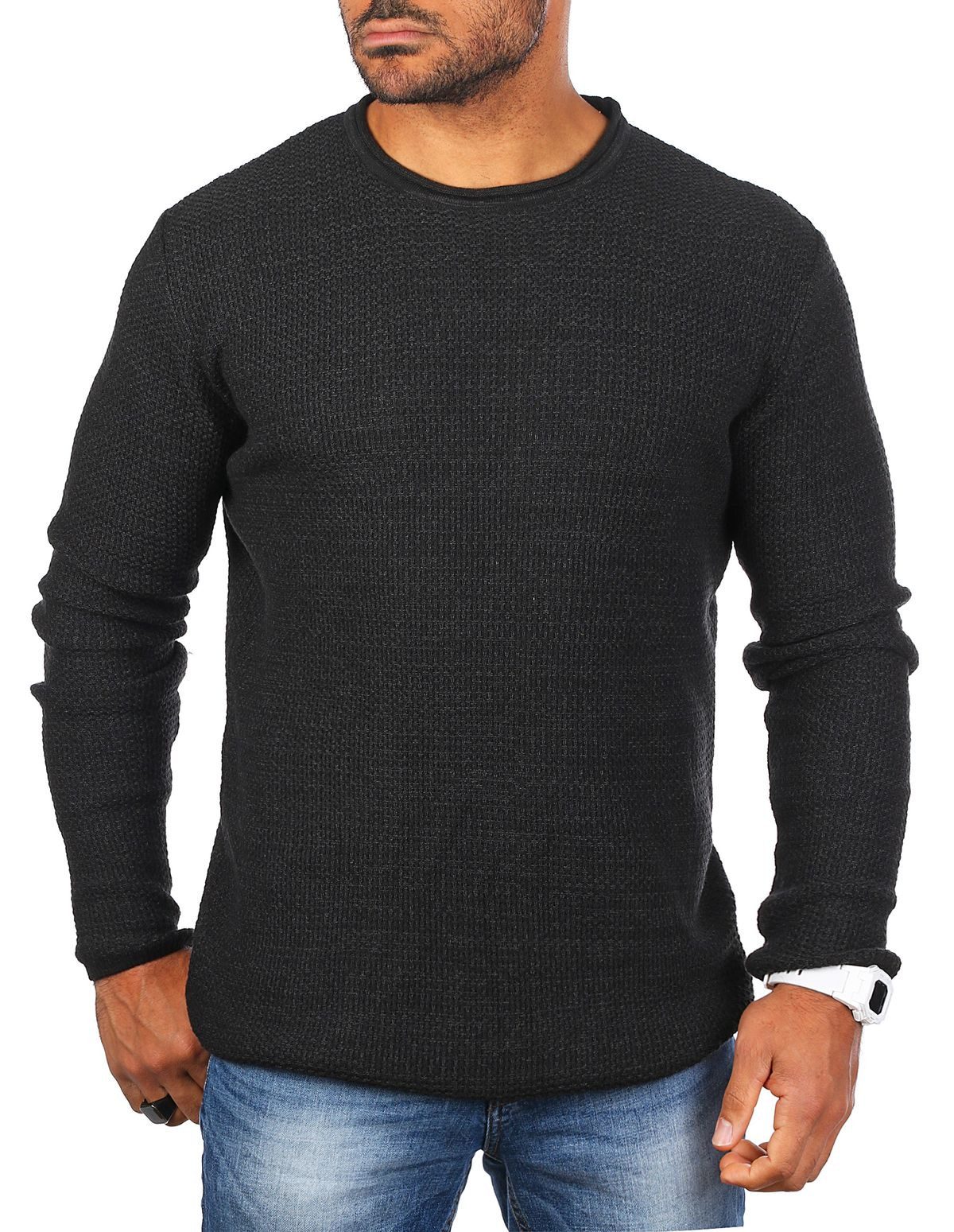 Strickpullover Herren leichter Feinstrick einfarbig uni dehbar flexibeler Strick 7789