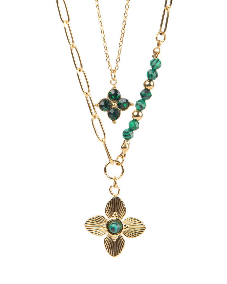 MayTree Collier Edelstahl Kettenset 18K vergoldet grüner Klee (Stück, 1-tlg), mit facettierten Malachitperlen und grünem Strass