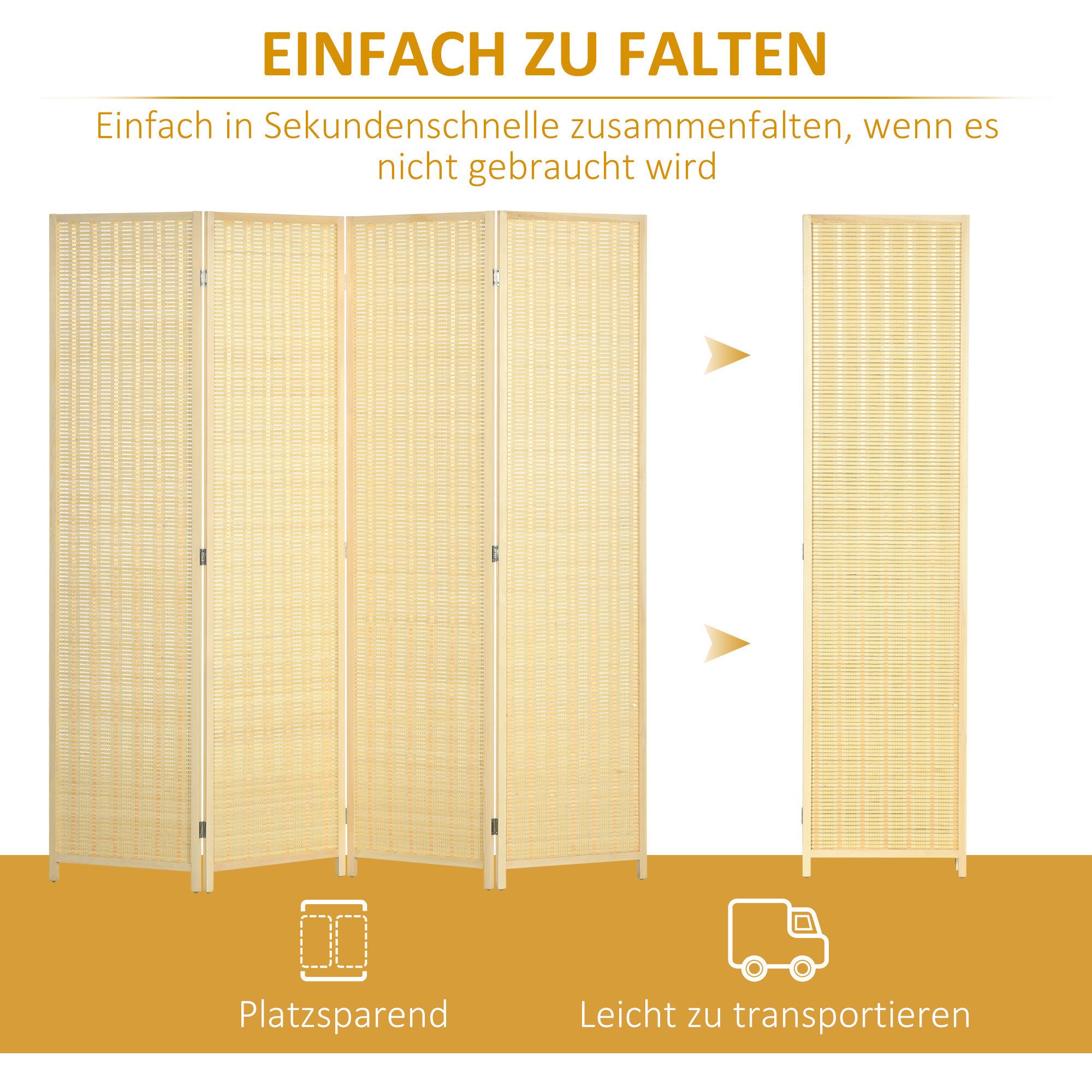 BBG Raumteiler Paravent 4-teilig 180x180 cm aus Bambus, Faltbarer Raumteiler & Sichtschutz in Naturoptik