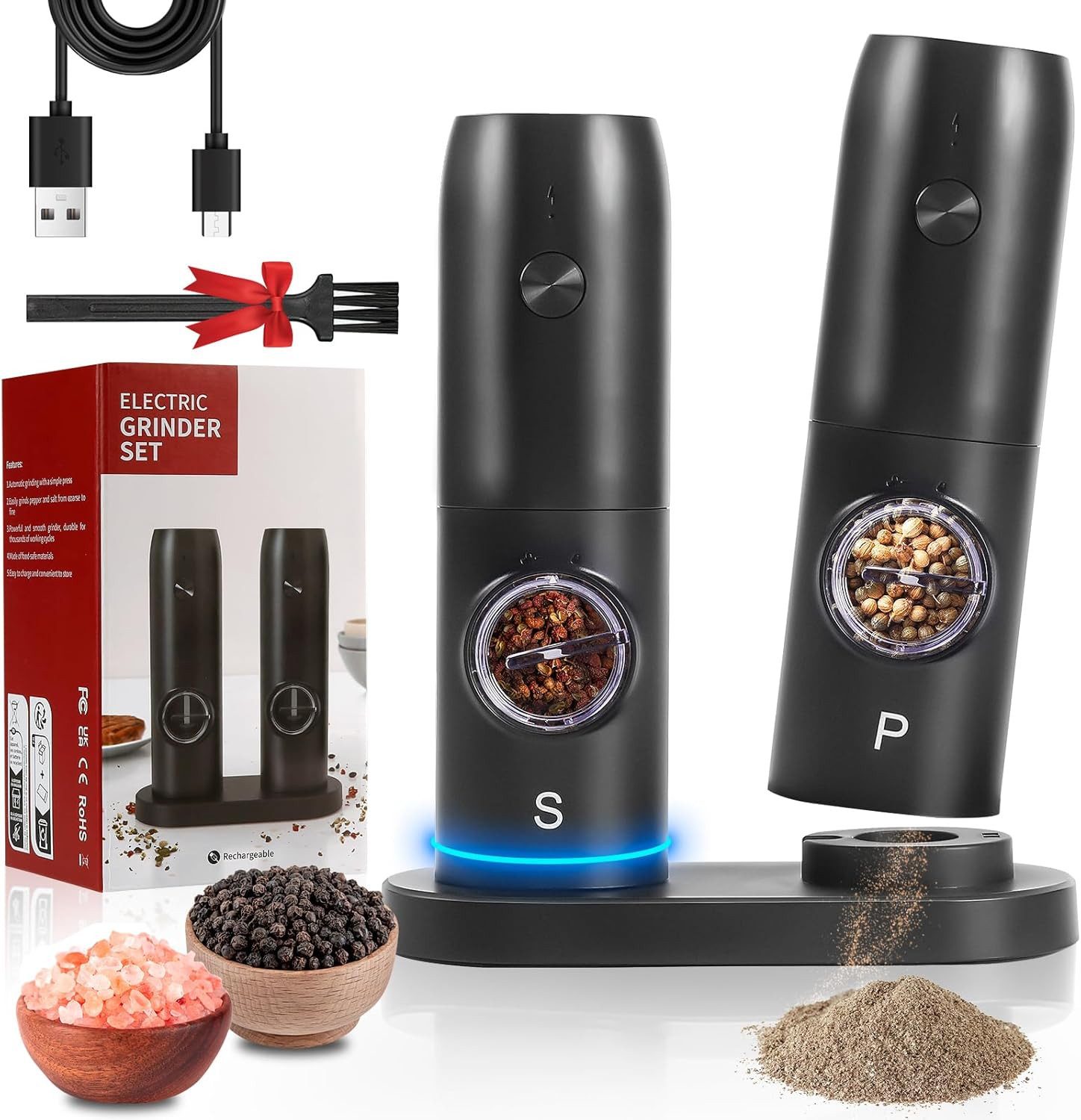 Salz-/Pfeffermühle 2 Stück Gewürzmühle Elektrisch Wiederaufladbare Pfeffer und Salzmühle