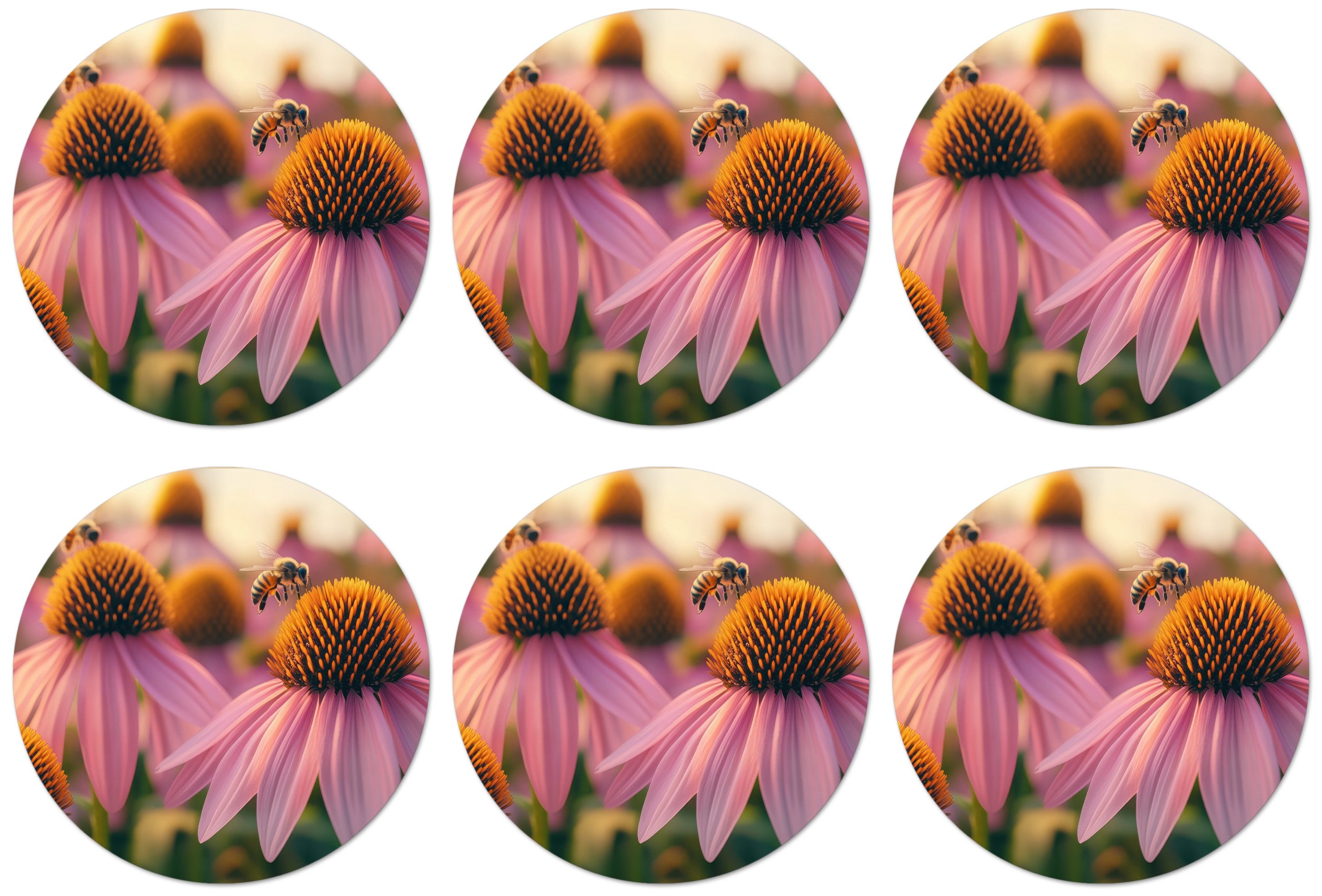 MuchoWow Glasuntersetzer Blumen - Lila - Bienen, Zubehör für Gläser, 6-tlg., Getränkeuntersetzer, Rund, Tassenuntersetzer Kork, 10x10 cm