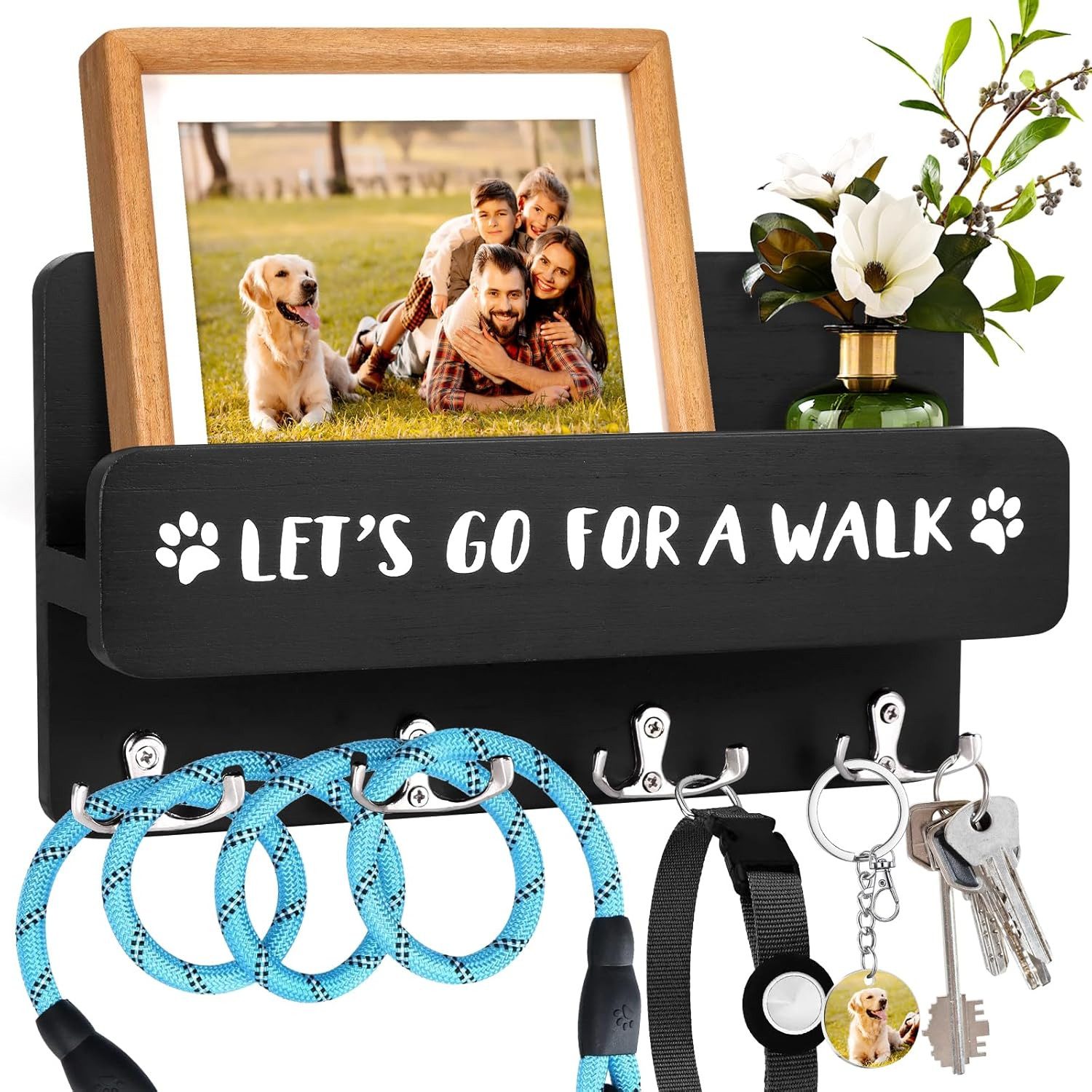 BlingBin Schlüsselbrett Bohrfreie Hundegarderobe mit Ablage und 8 Haken, (1 Stück, 1 St., 29 × 17 × 8 cm), Klebewandhalter für Hundeleinen für Flur, Eingang und Küche