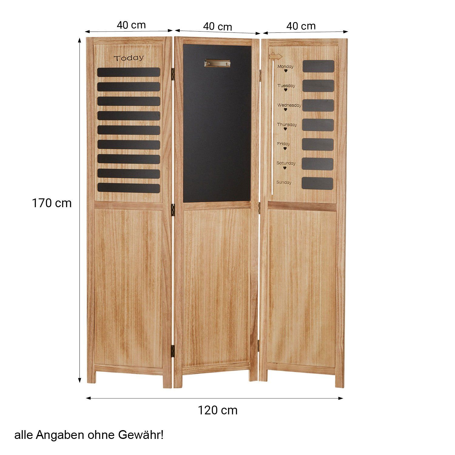 Homestyle4u Paravent Raumteiler Raumtrenner Wochenplaner Holz Sichtschutz Indoor faltbar (3-teilig), Trennwand, 3-teilig, Tafel, Memoboard