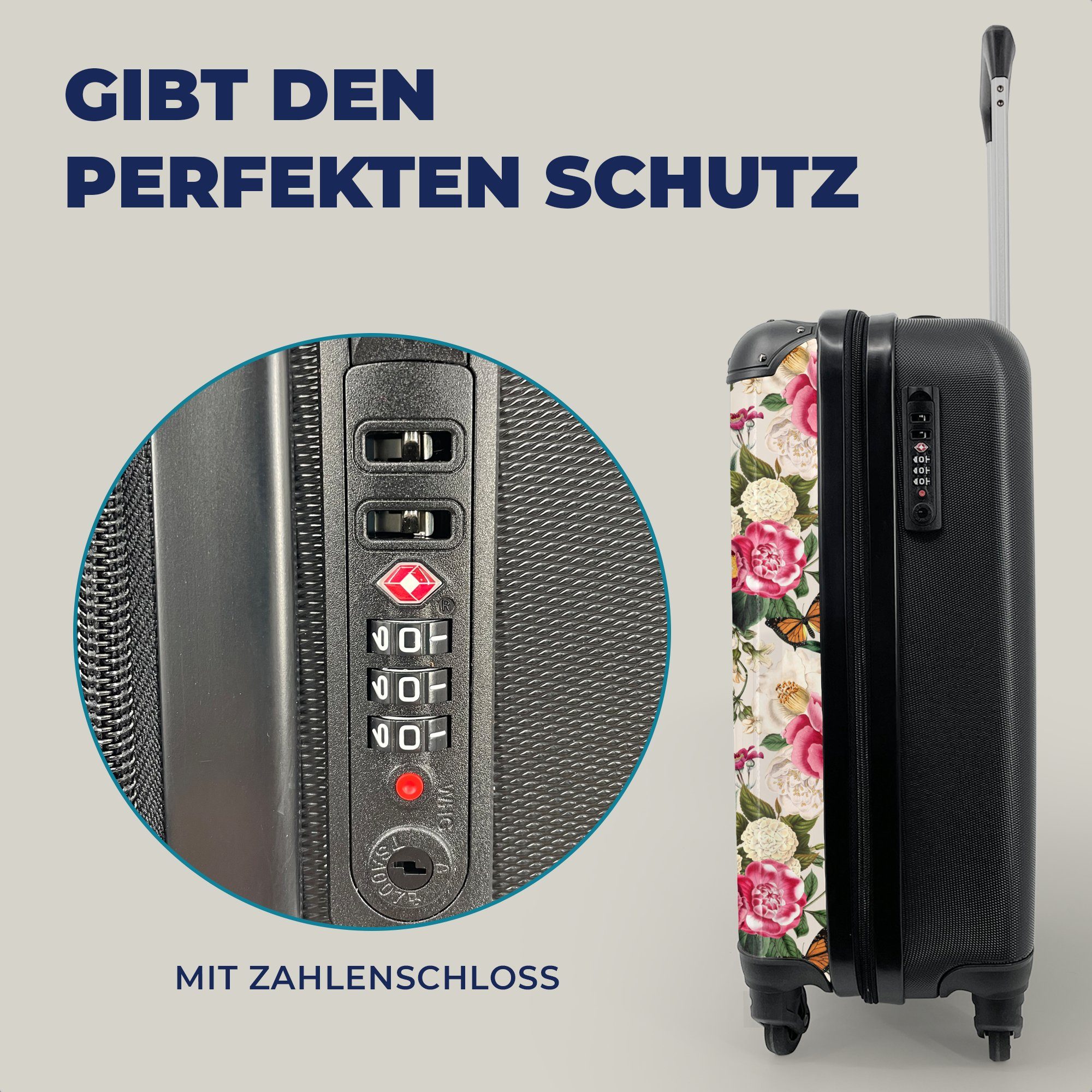 Reisekoffer für MuchoWow Trolley, Ferien, Insekten Handgepäck mit 4 Reisetasche rollen, Handgepäckkoffer - Blumen Rollen, Rosa, -