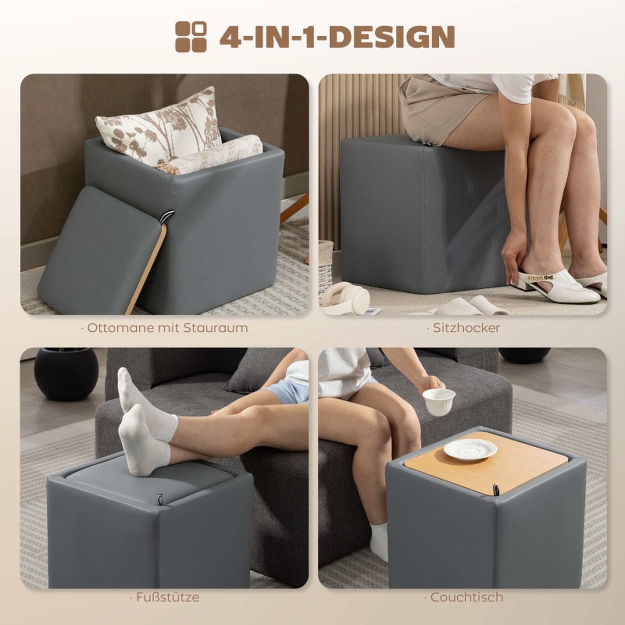 MC Star Sitzhocker mit Stauraum Hocker mit Deckel, Quadratischer Fußhocker Sitzwürfel (Kunstleder 40 x 40 x 40 cm Grau)