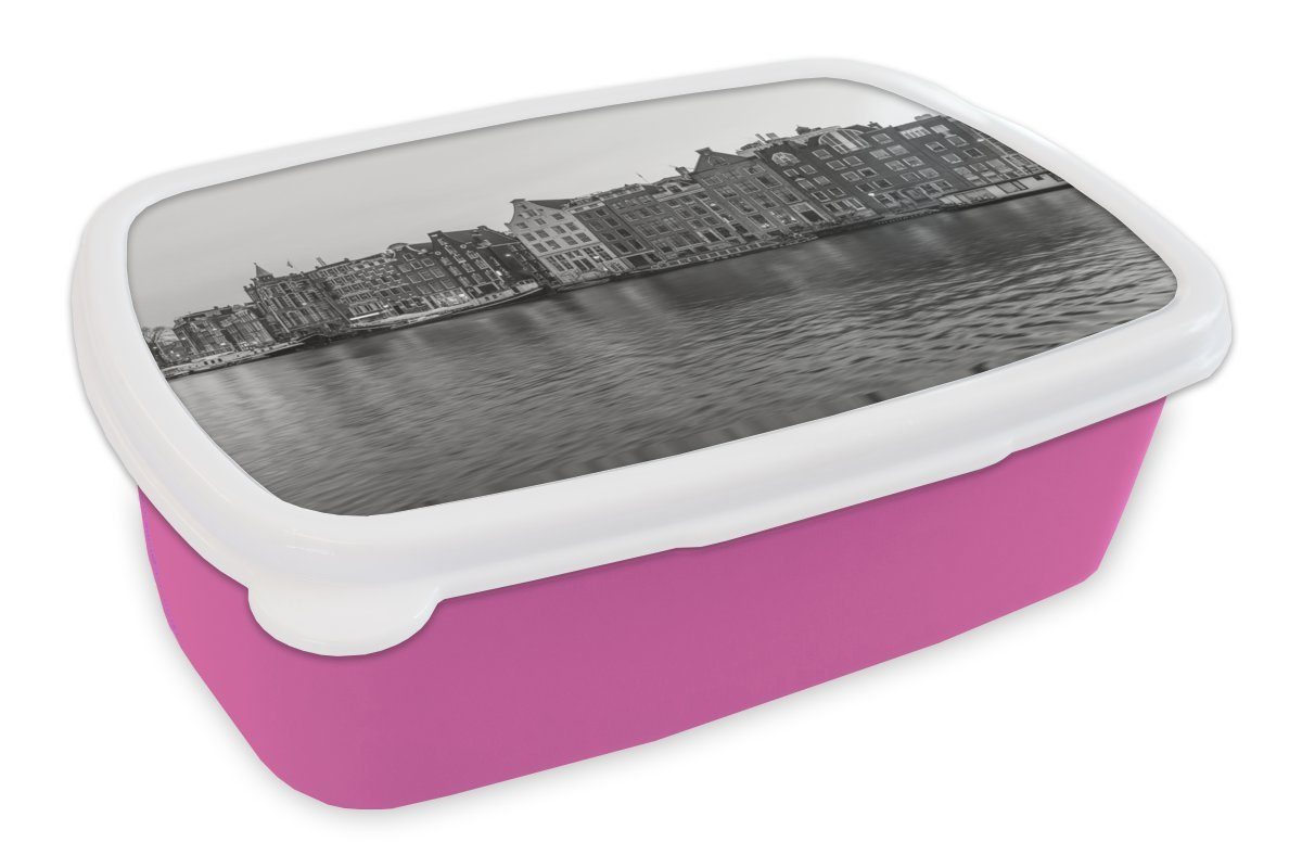 für Kunststoff, MuchoWow Brotbox Snackbox, (2-tlg), Erwachsene, Kinder, rosa Kunststoff Brotdose Lunchbox - Mädchen, Schwarz und Amsterdamer Grachtenhäuser weiß,