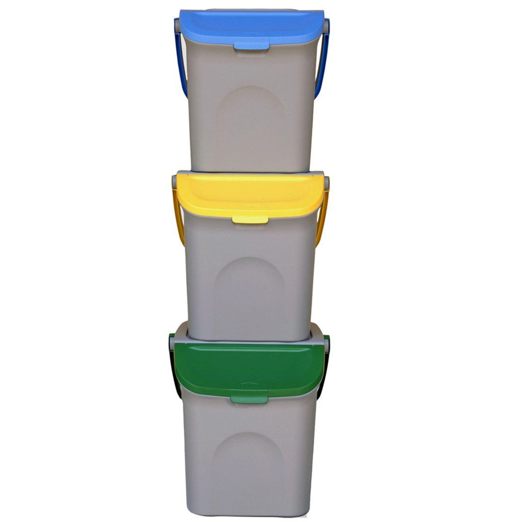 Kreher Mülltrennsystem Set: 3 x Mülleimer, Mülltrennsystem in Grau (Deckel:Gelb,Gruen,Blau)