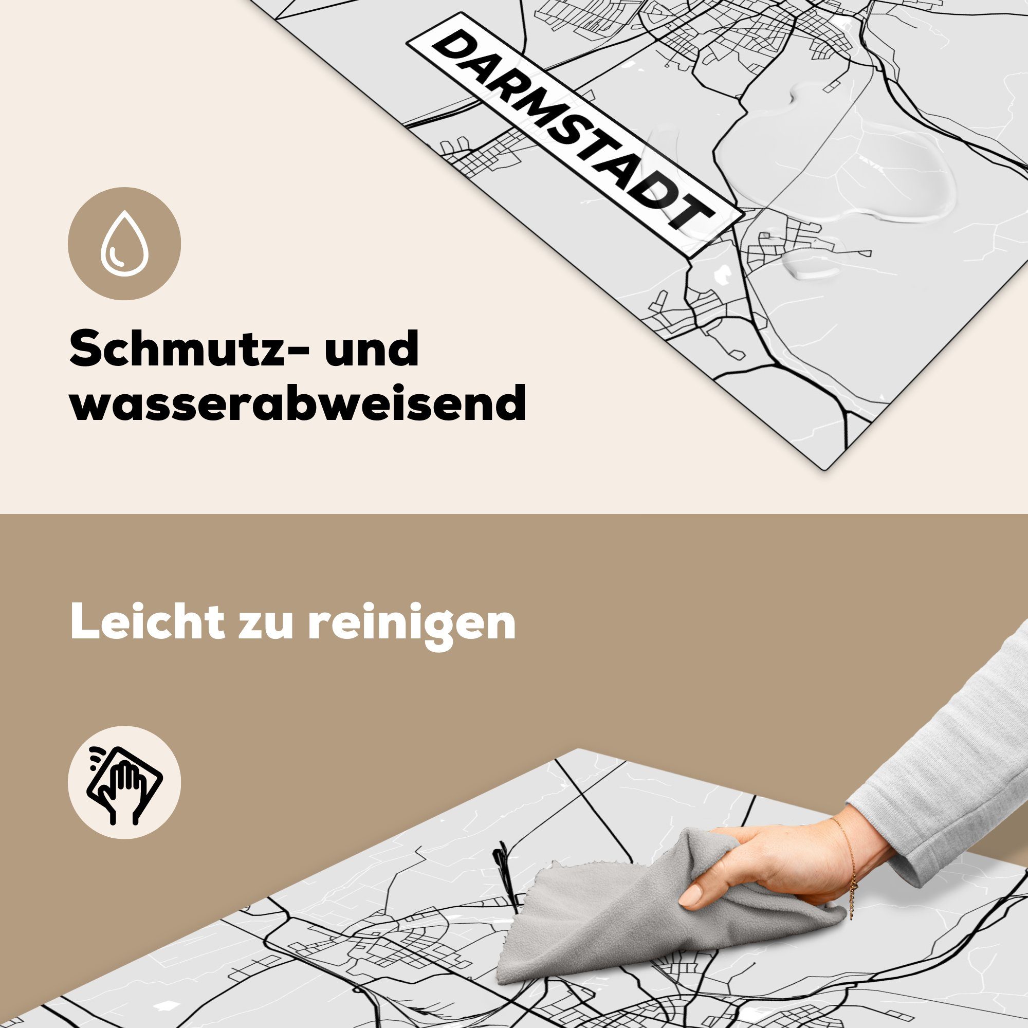 - küche Arbeitsplatte Stadtplan, (1 78x78 MuchoWow Ceranfeldabdeckung, für Karte tlg), cm, Vinyl, Deutschland Karte - - Herdblende-/Abdeckplatte Darmstadt -