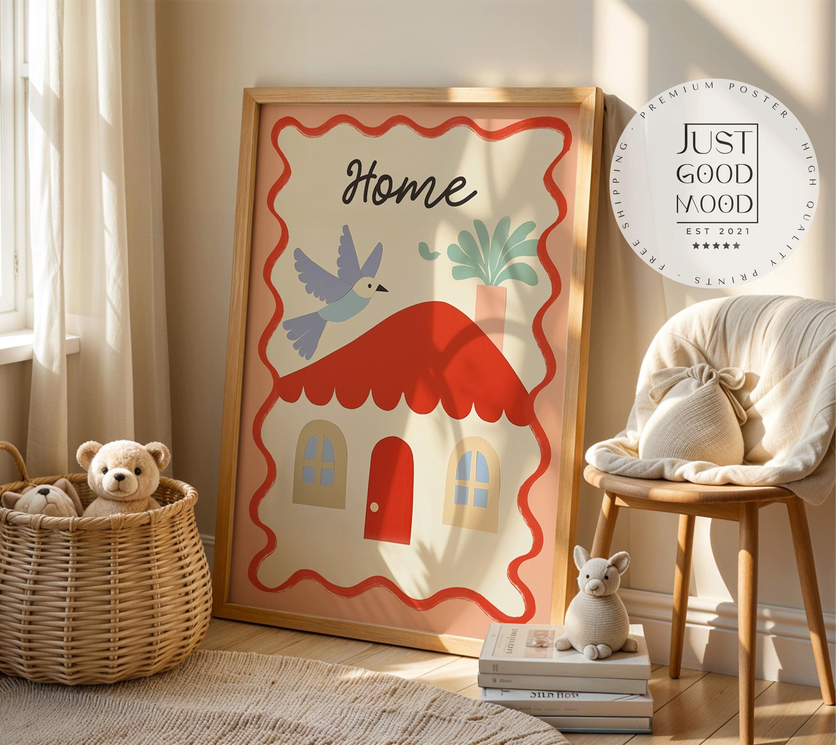 JUSTGOODMOOD Poster Kinderzimmer Haus Home mit Vogel Pflanze Liebevolles Wandbild Sanfte F, (1 St)