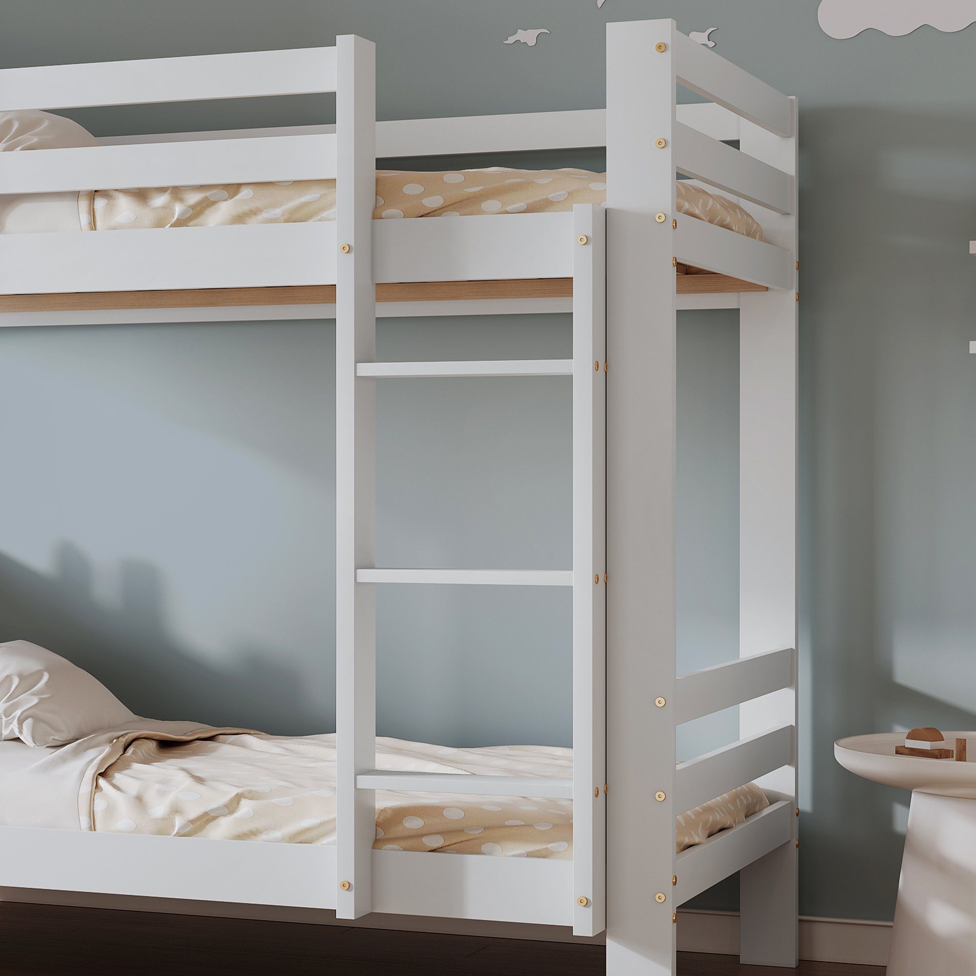 Etagenbett, Hochbett Kinderbett 90x200 cm mit Lattenrost, Leiter und Regale