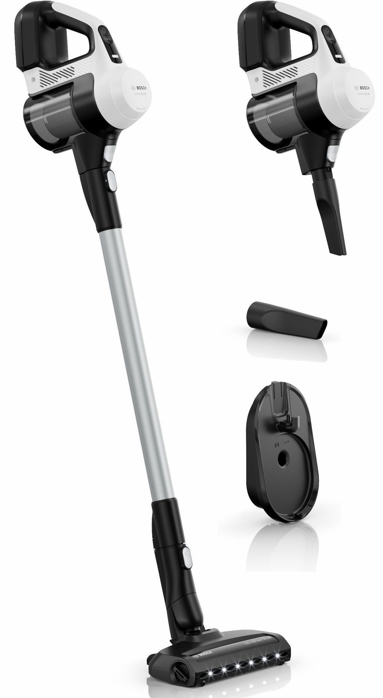 BOSCH Akku-Stielstaubsauger Unlimited 5 BBU52WBA, LED-Düse, Made in Germany, beutellos, starke Saugleistung, bis zu 50 Min. Laufzeit, Fugendüse, leicht, weiß
