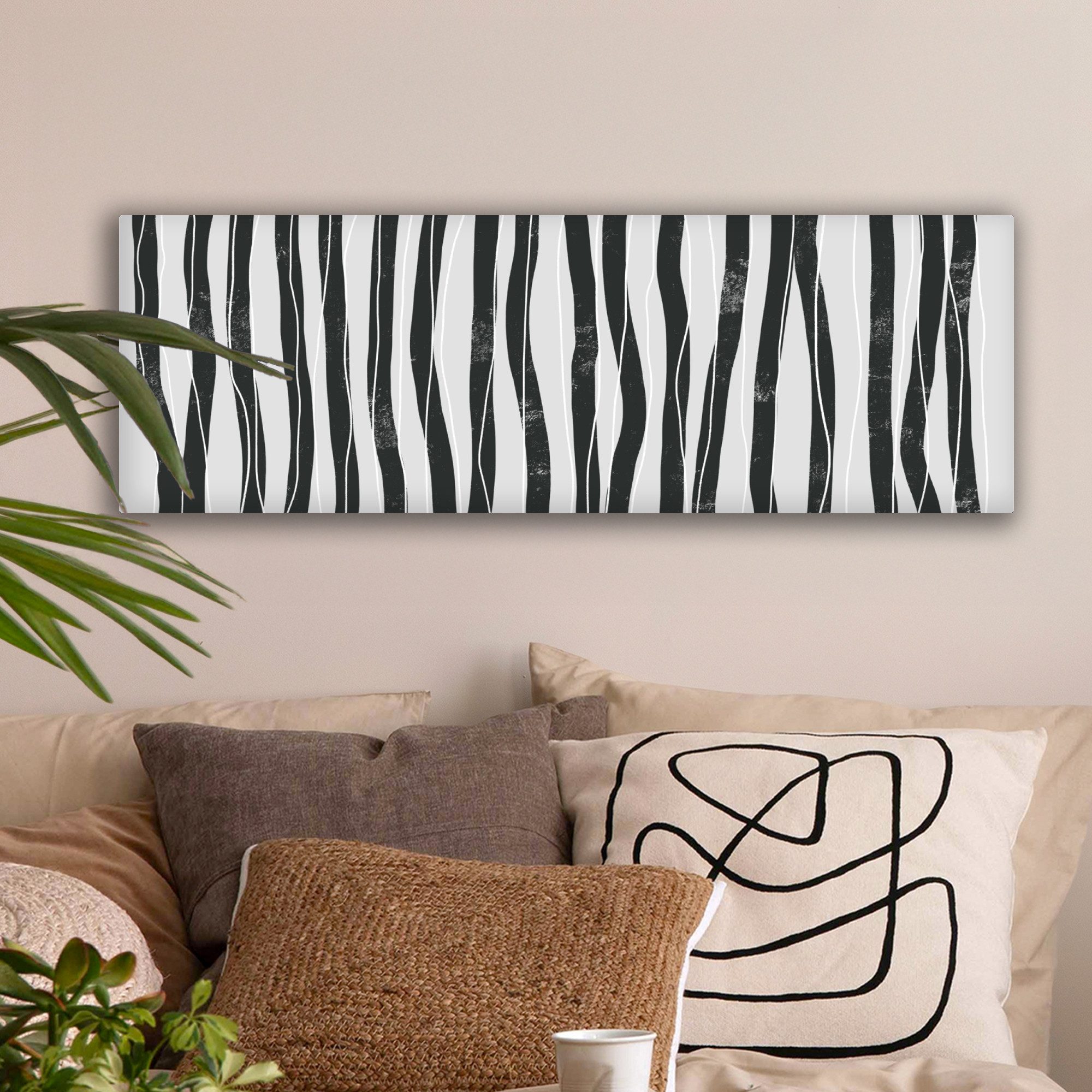 OneMillionCanvasses® Leinwandbild Panorama Kunst - Abstrakt - Linien - Schwarz - Weiß, Fotodruck (1 St), Wandbild, Deko Schlafzimmer Wohnzimmer Flur 60x20 cm