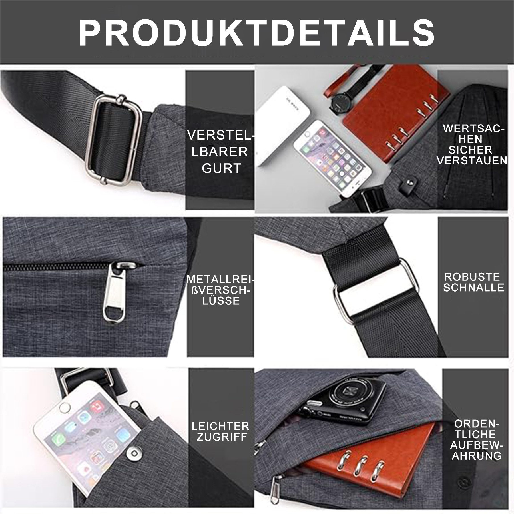 Mutig Umhängetasche Schultertasche Herren Wasserfeste Mini Bauchtasche Mehrere Taschen (Diebstahlsichere Reisetasche, Anti-Diebstahl Sling Bag Brusttasche, Brusttasche Crossbody, Anti Diebstahl Tasche, Shoulder Bag Men), für Reisen Outdoor-Sportarten wandern,Männer& Frauen,linke Schulter