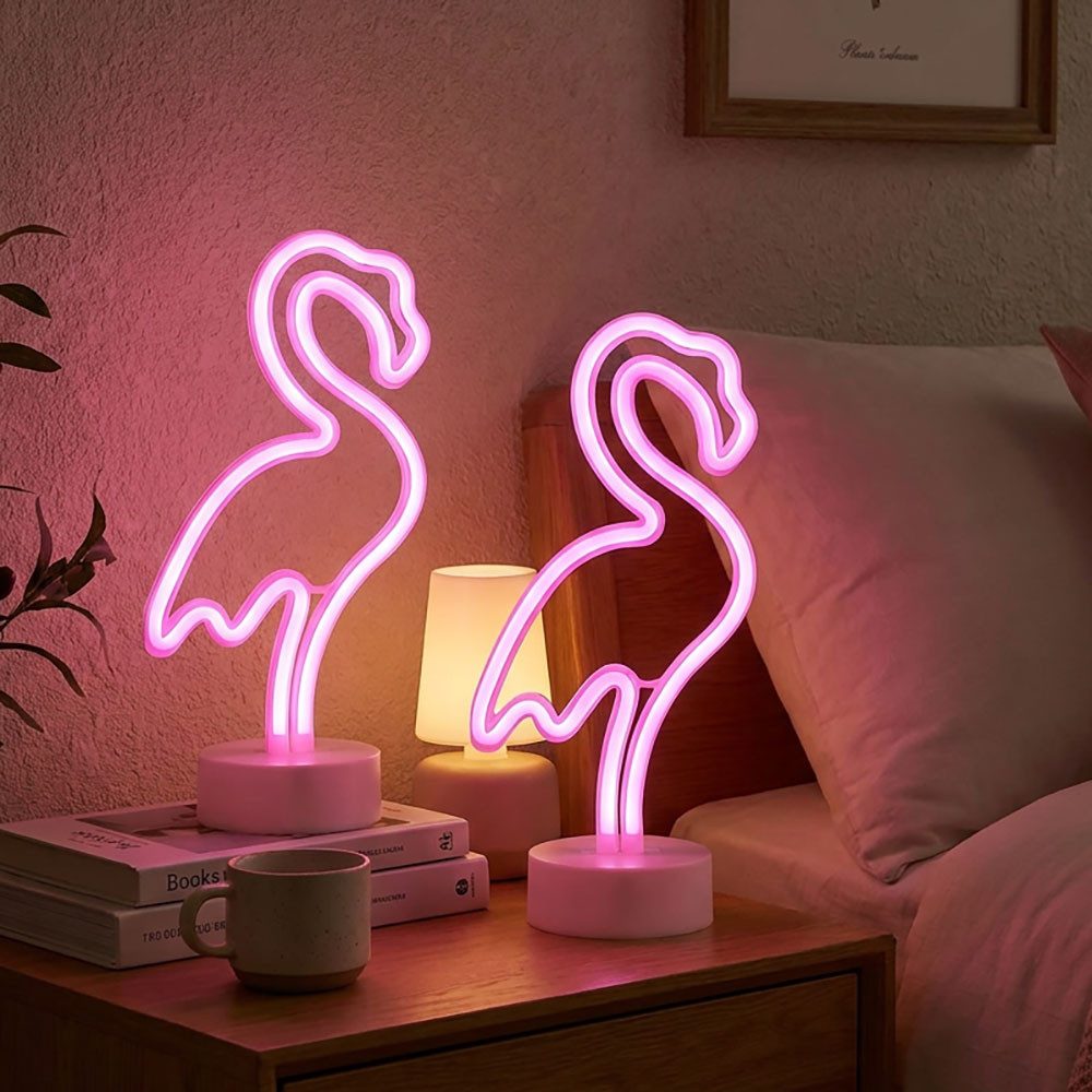 GLOBO LIGHTING LED Tischleuchte, LED-Leuchtmittel fest verbaut, Tischleuchte Neonlicht Dekolampe LED Flamingo pink Kinderzimmer 2x